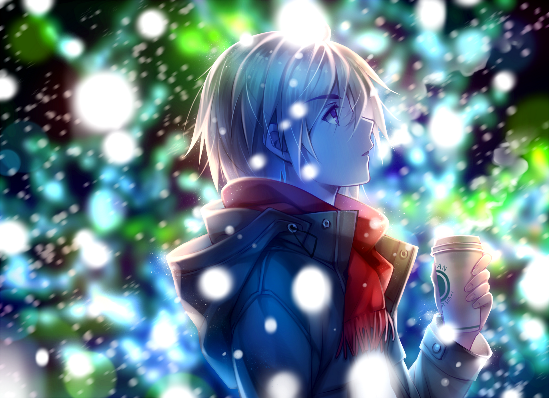 Download 1920x1394 Anime Boy, Profile View, Red Scarf, Winter, Snow, Coffee Wallpaper