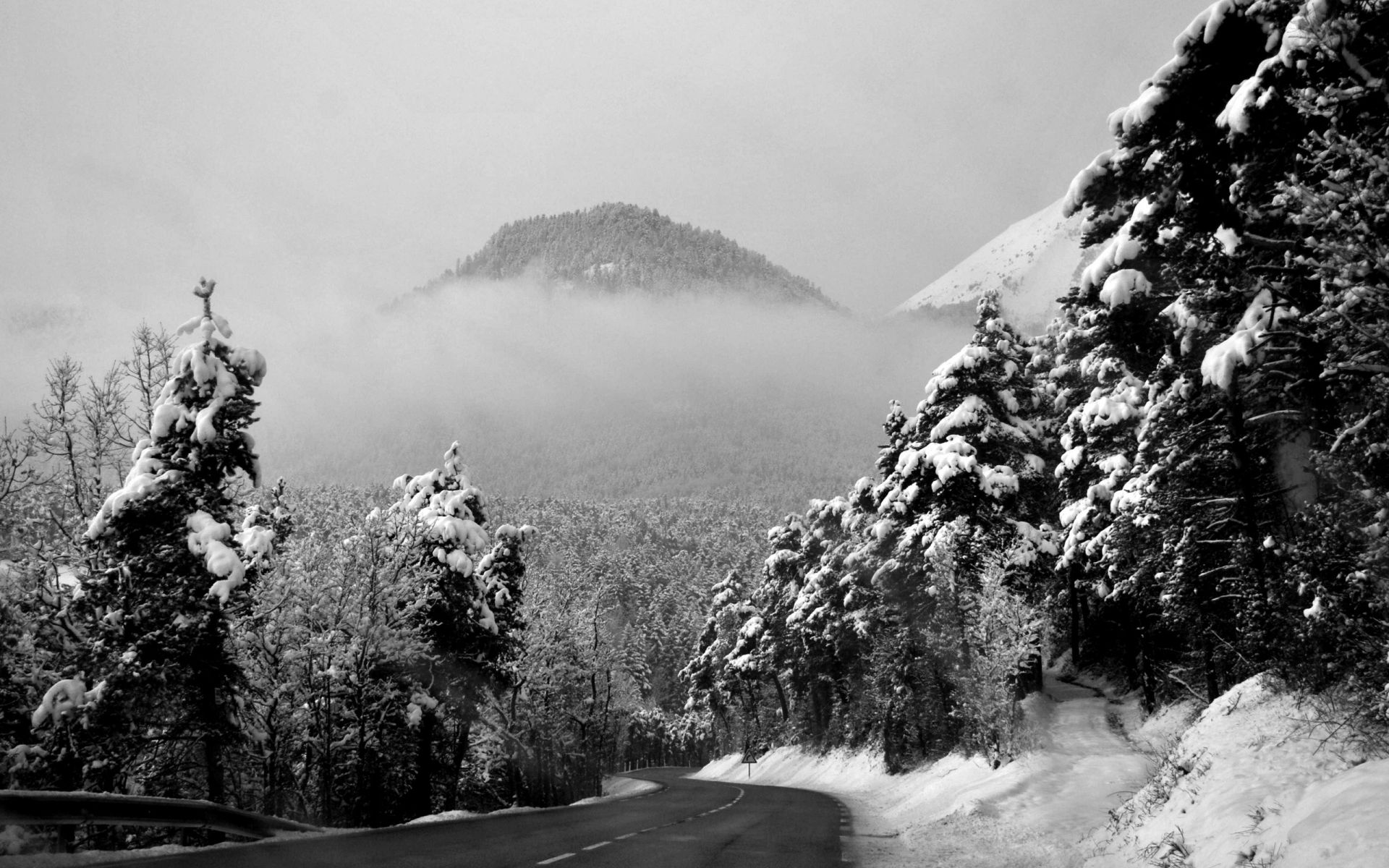 Winter season grayscale roads mountains trees forest black white wallpaperx1200