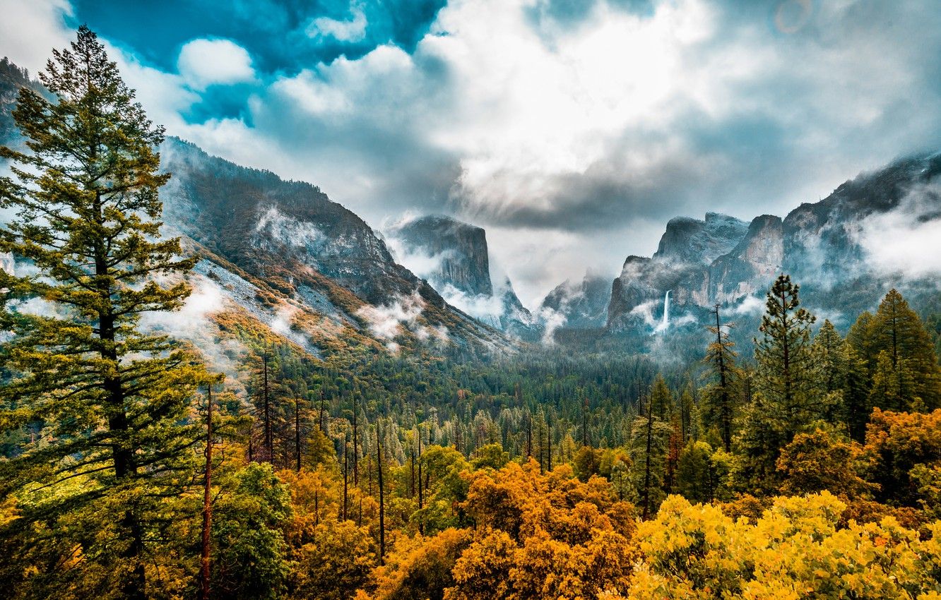 Wallpaper autumn, forest, trees, mountains, valley, CA, California, Yosemite Valley, Yosemite national Park, Yosemite National Park, Sierra Nevada, Sierra Nevada, Yosemite valley image for desktop, section пейзажи