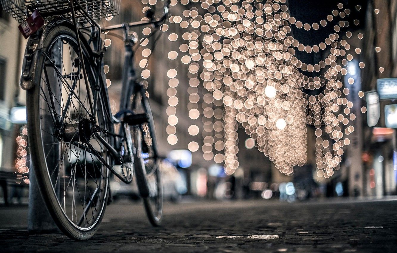 Wallpaper winter, road, night, bike, the city, lights, street, post, pavers, bokeh image for desktop, section город