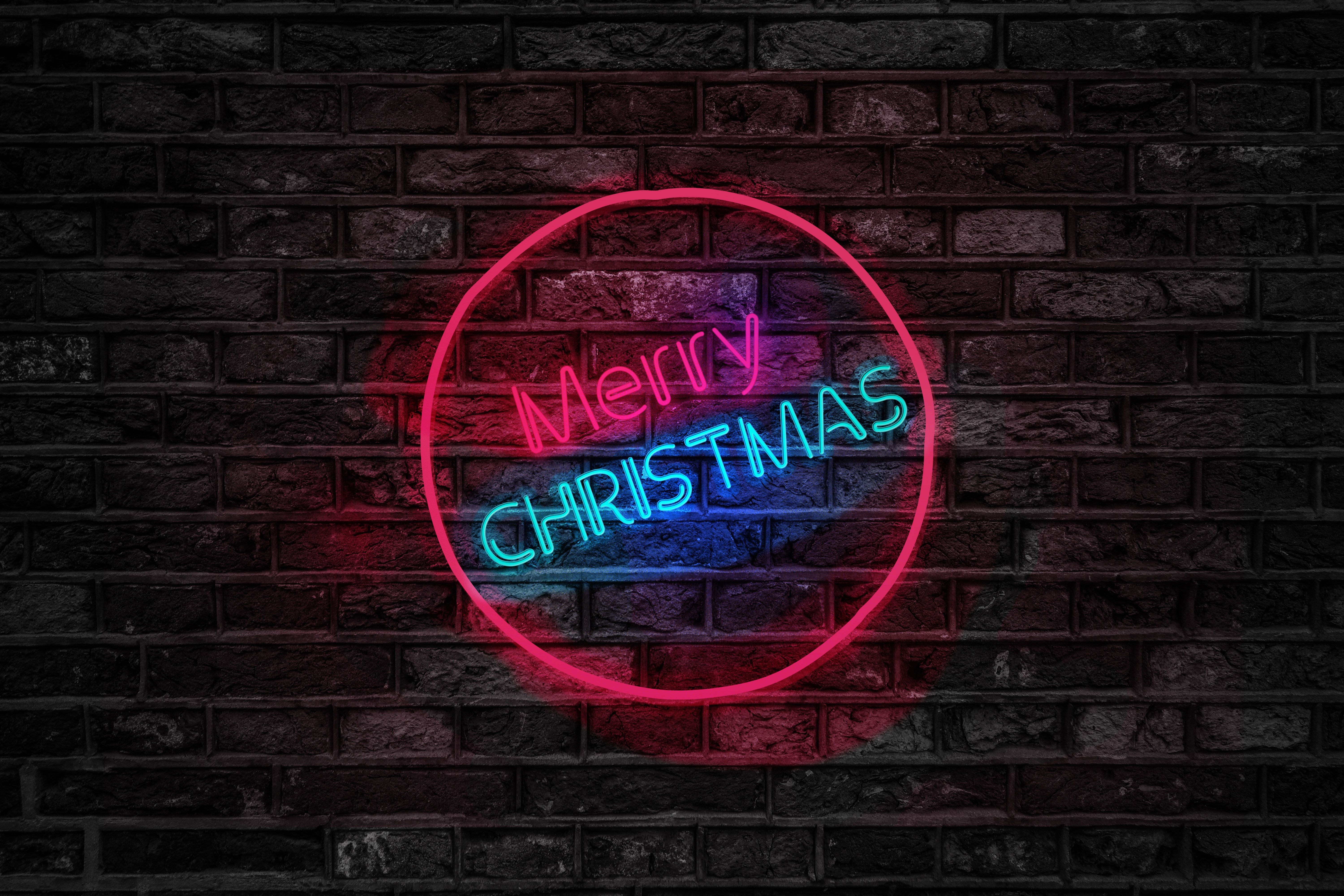 Free Photo: Turned On Red And Blue Merry Christmas Neon Sign Wall, Christmas, Close Up