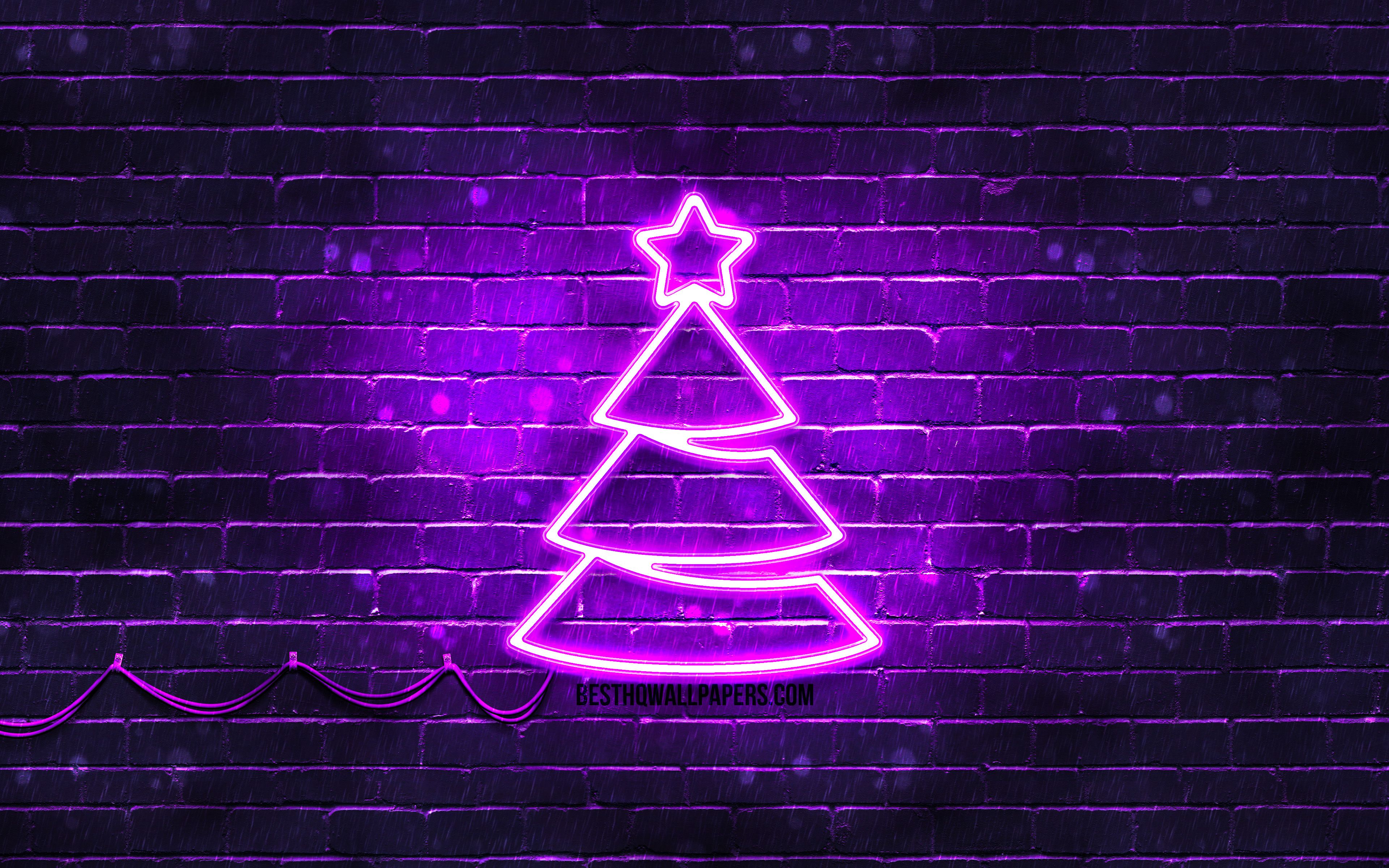 Download wallpaper Violet neon Christmas Tree, 4k, violet brickwall, Happy New Years Concept, Violet Christmas Tree, Xmas Trees, Christmas Trees for desktop with resolution 3840x2400. High Quality HD picture wallpaper