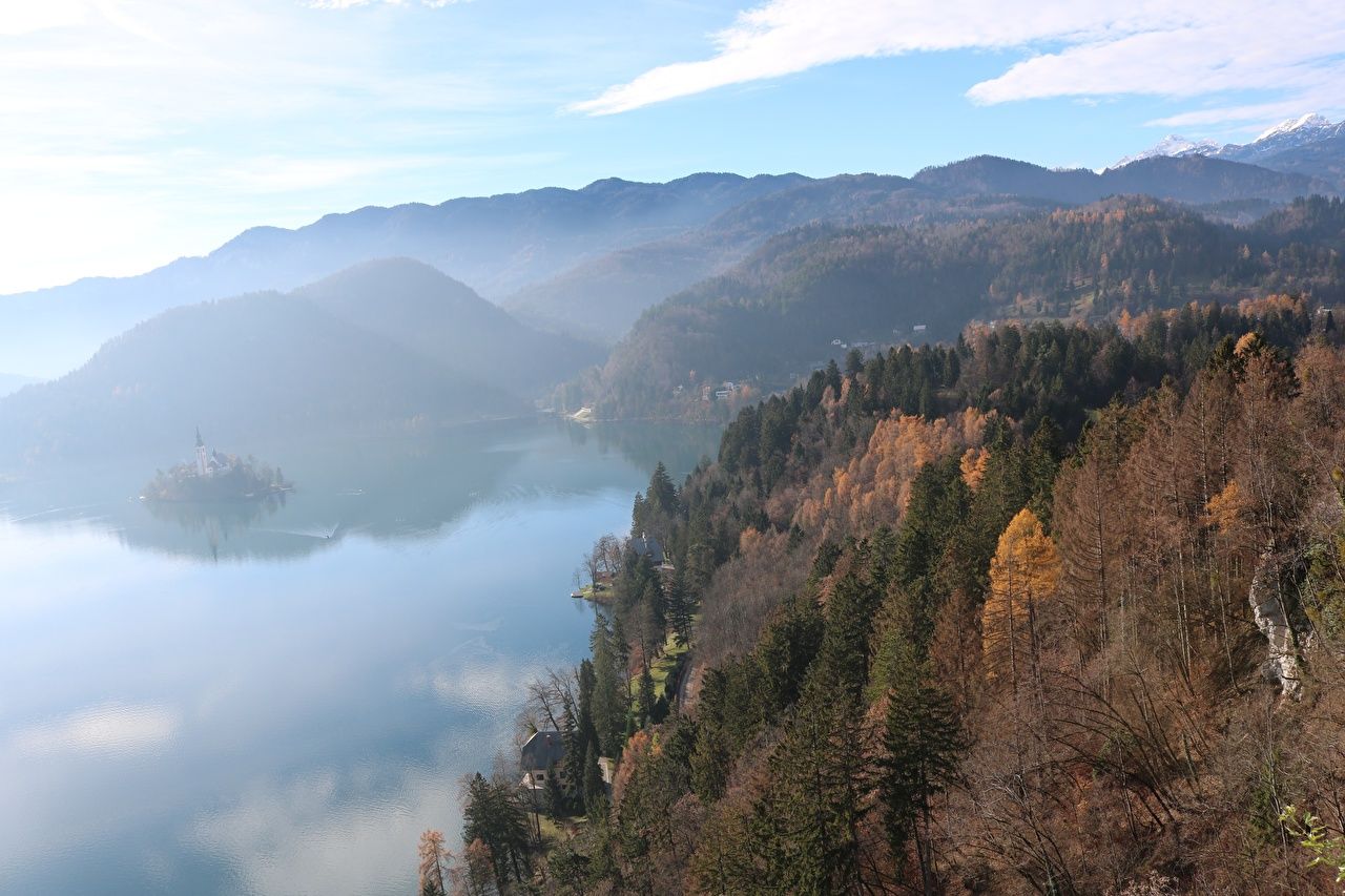 image Slovenia Bled Fog Autumn Nature Mountains Lake Forests