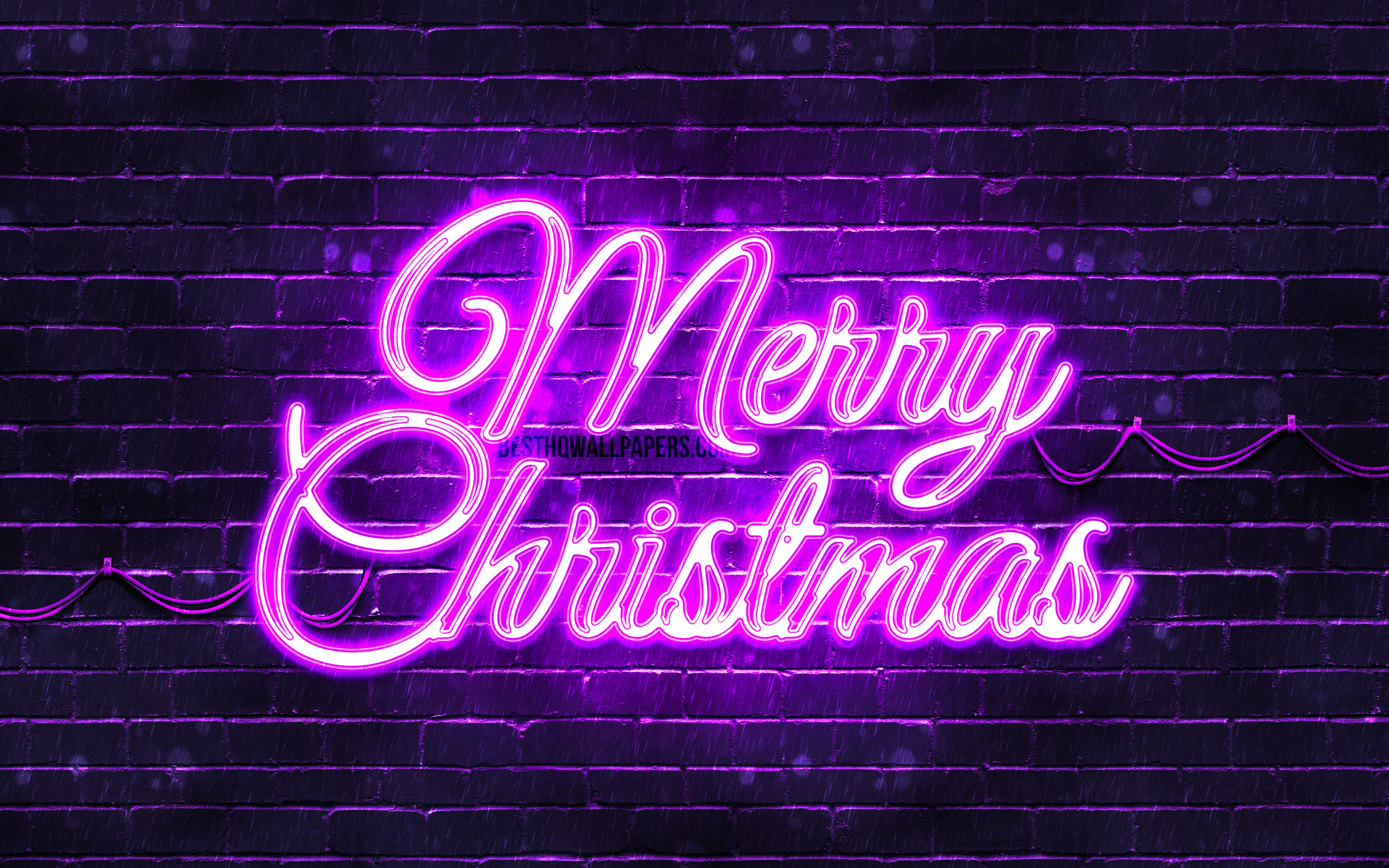 Download wallpaper Violet neon Merry Christmas, 4k, Violet brickwall, Happy New Years Concept, Violet Merry Christmas, creative, Christmas decorations, Merry Christmas, xmas decorations for desktop with resolution 3840x2400. High Quality HD picture