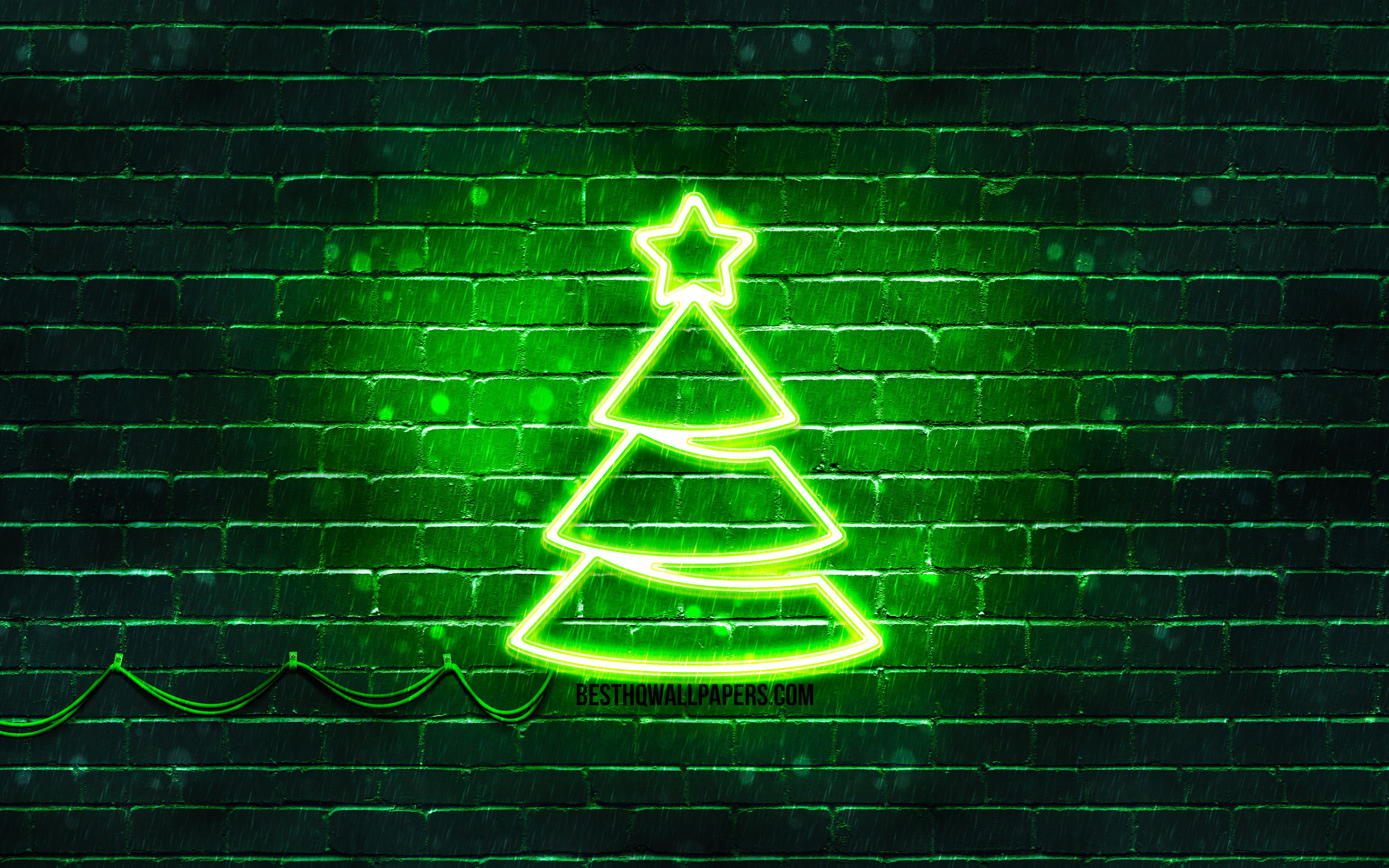 Download wallpaper Green neon Christmas Tree, 4k, Green brickwall, Happy New Years Concept, Green Christmas Tree, Xmas Trees, Christmas Trees for desktop with resolution 3840x2400. High Quality HD picture wallpaper