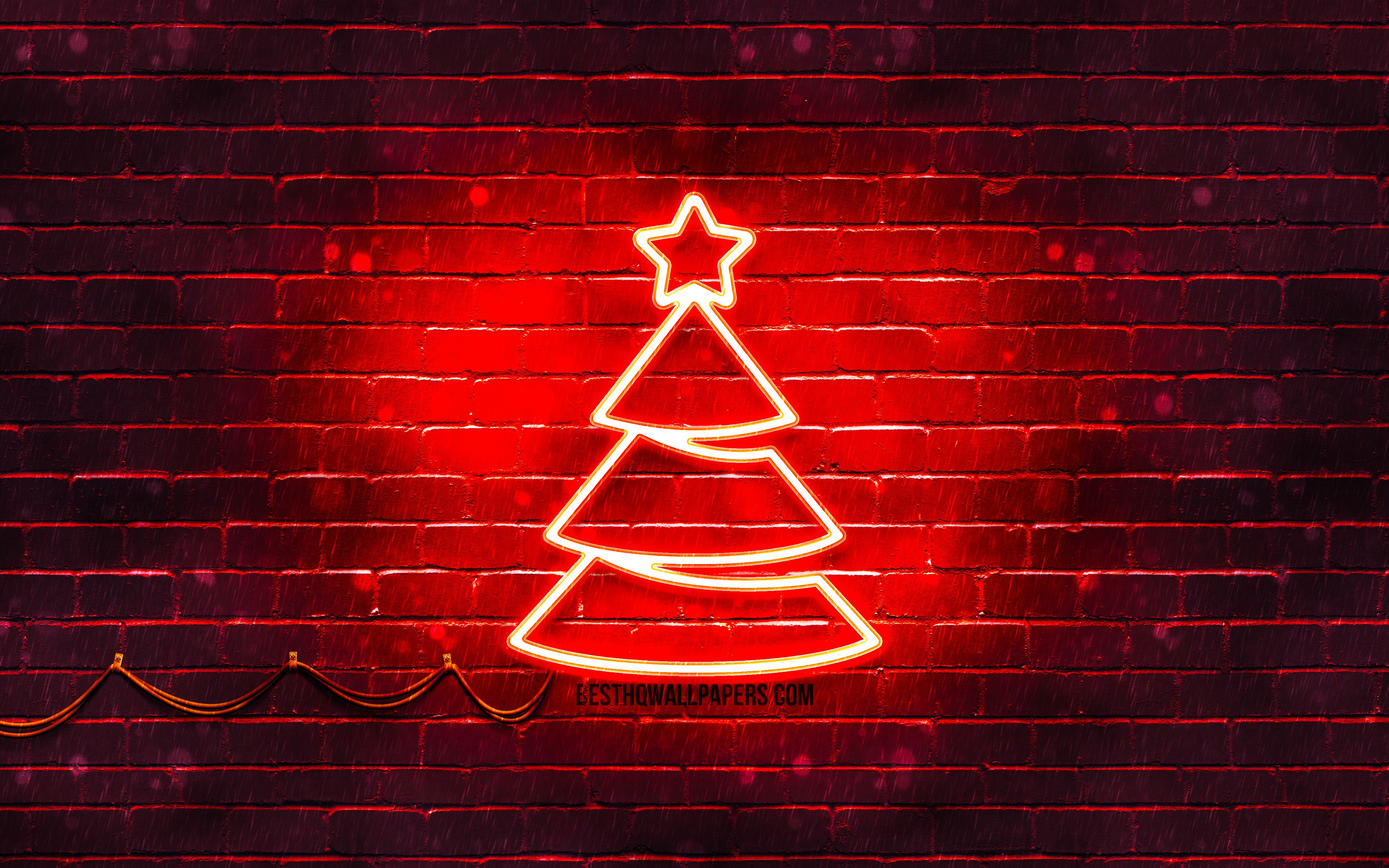 Download wallpaper Red neon Christmas Tree, 4k, red brickwall, Happy New Years Concept, Red Christmas Tree, Xmas Trees, Christmas Trees for desktop with resolution 3840x2400. High Quality HD picture wallpaper