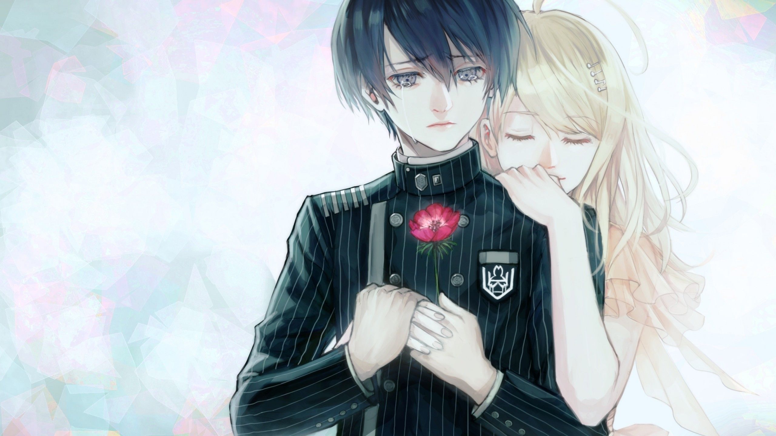 Download 2560x1440 Akamatsu Kaede, Saihara Shuuichi, Back Hug, Tears, Romantic, Danganronpa V3 Wallpaper for iMac 27 inch