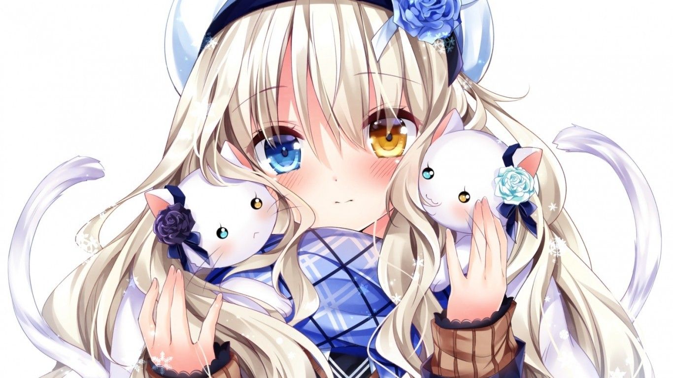 Anime Girl, Bicolored Eyes, Cats, Blonde, Cute, Blushy HD Wallpaper
