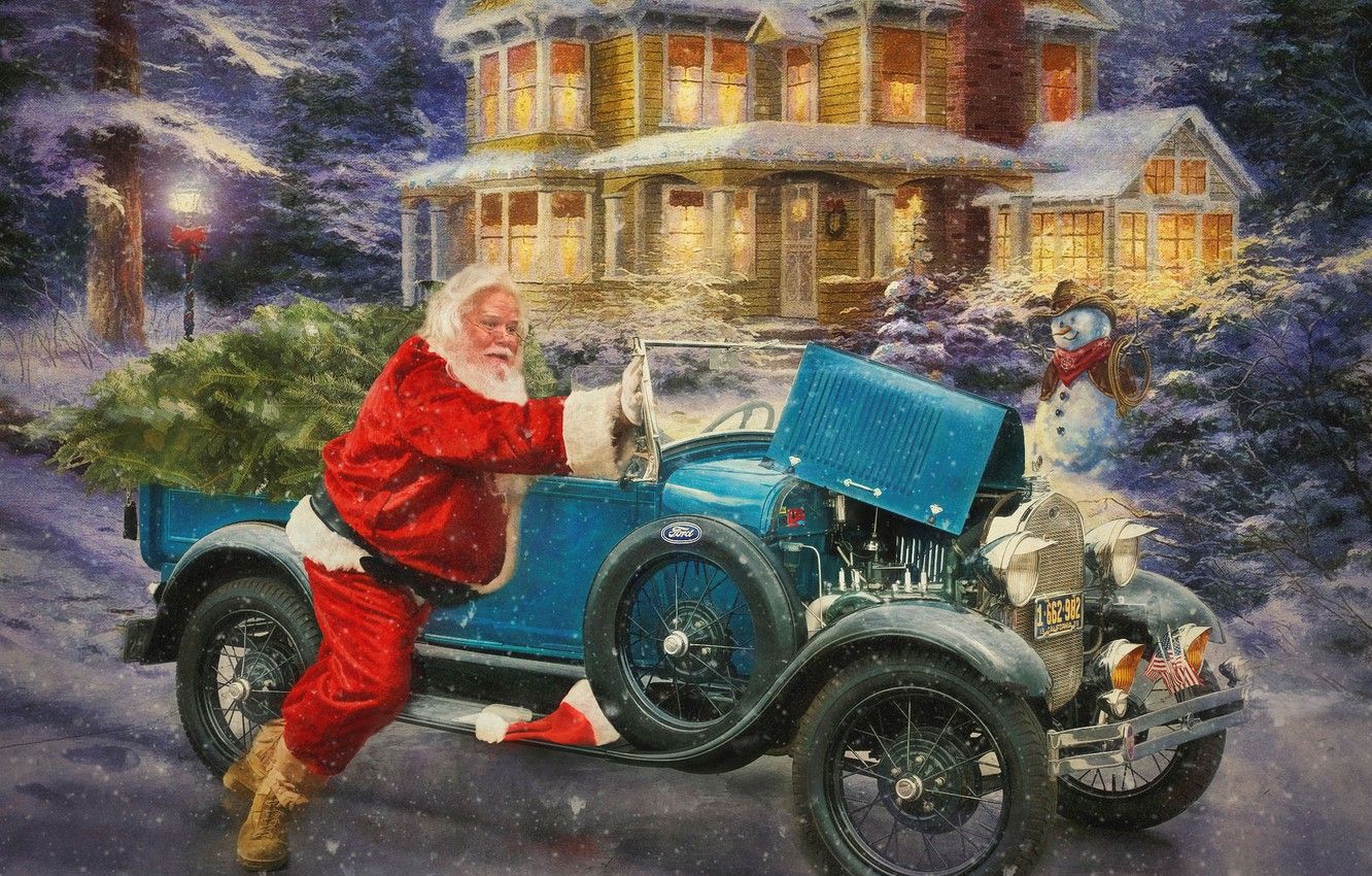Wallpaper winter, snow, lights, house, retro, holiday, the evening, snowman, car, Santa Claus, classic image for desktop, section праздники