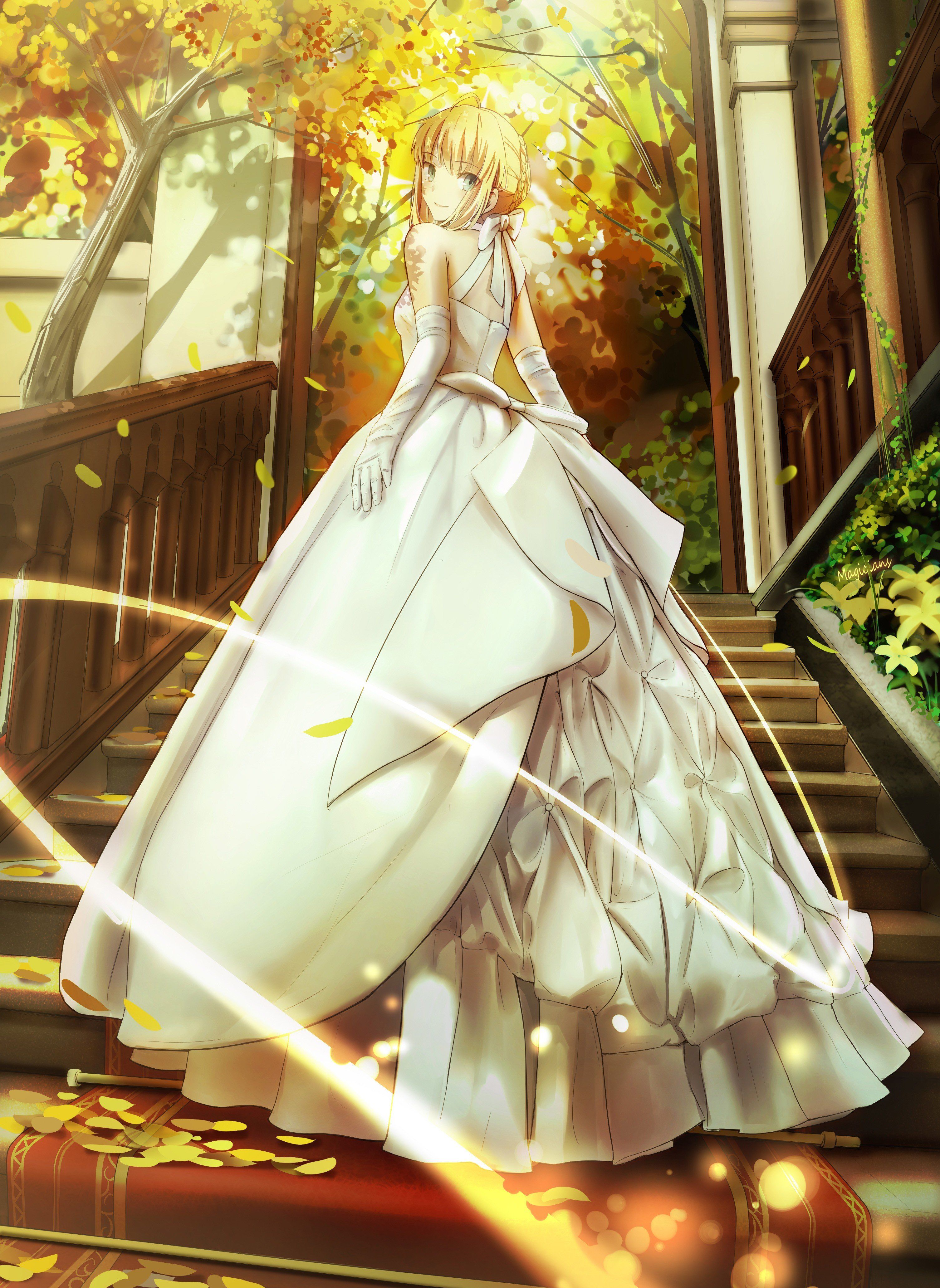 Saber, Dress, Anime, Fate Stay Night, Saber Lily, Wedding dress, Ribbon, Braids, Stairs, Petals, Trees, Anime girls Wallpaper HD / Desktop and Mobile Background