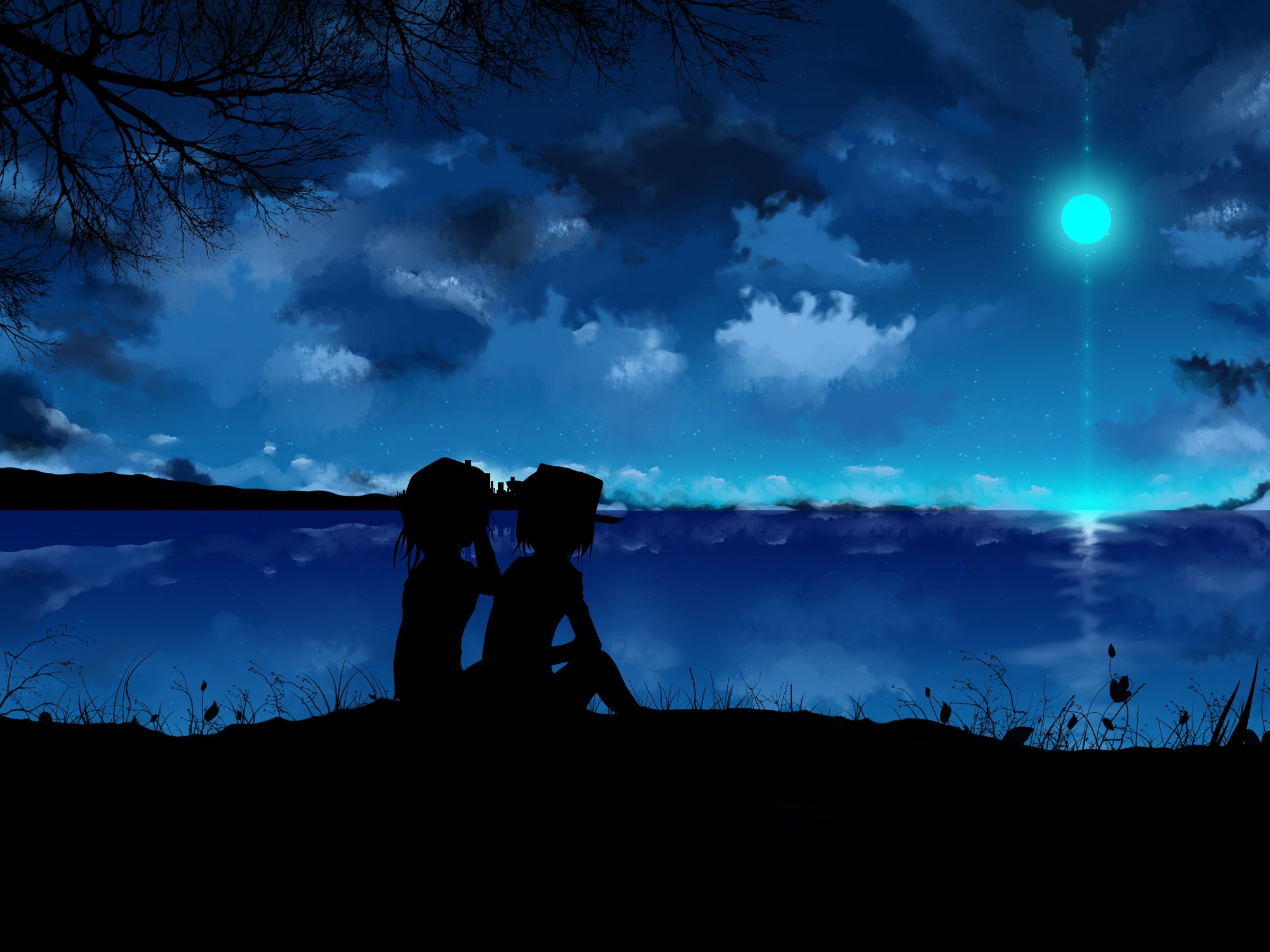 Manga Anime Dark Blue Sky Night Moon Silhouette Wallpaper:2000x1500