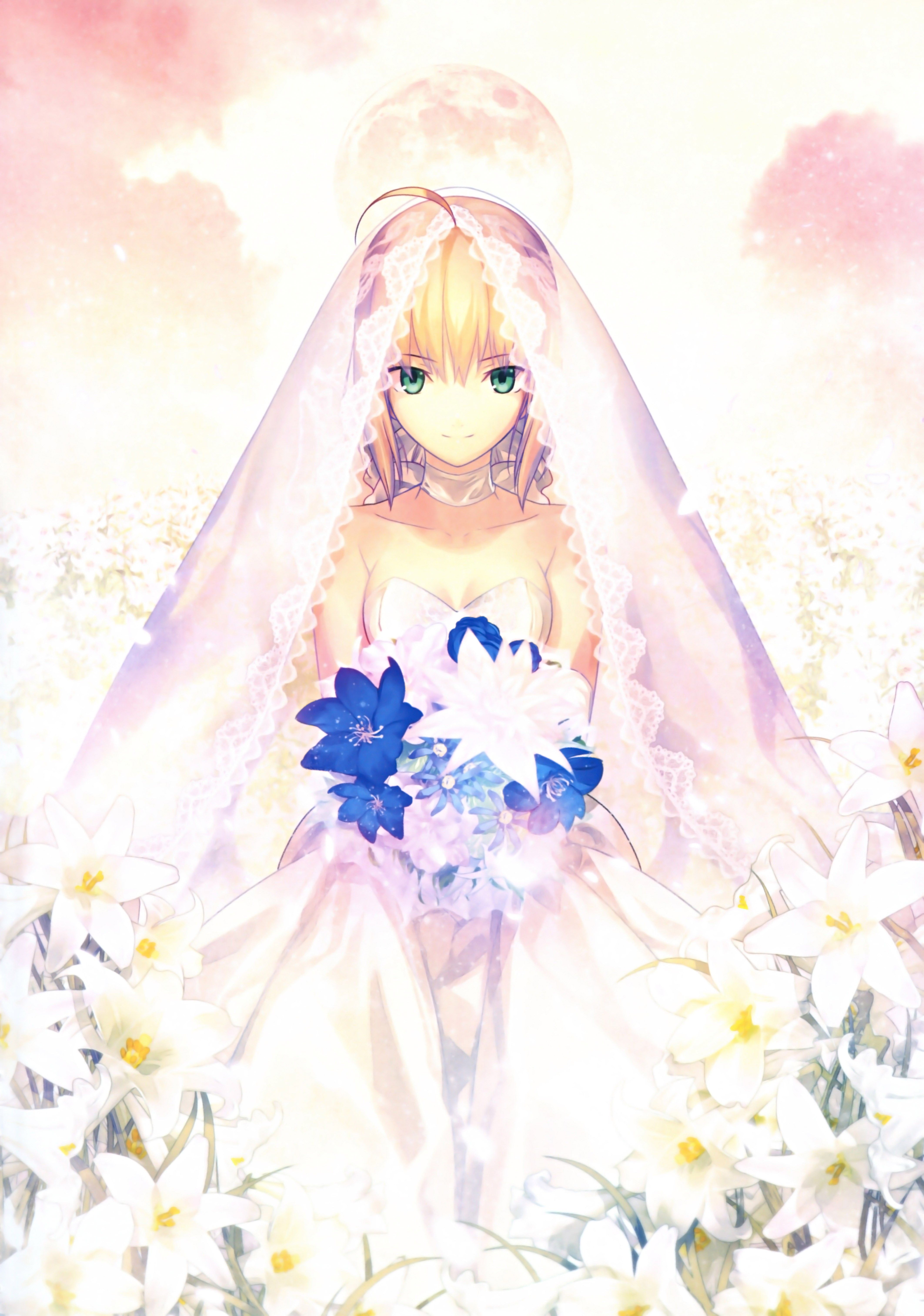 Blondes, Flowers, Brides, Green Eyes, Type Moon, Saber, Ahoge, Wedding Dresses, Takeuchi Takashi, Anime Girls, Scans, Fate Series Wallpaper