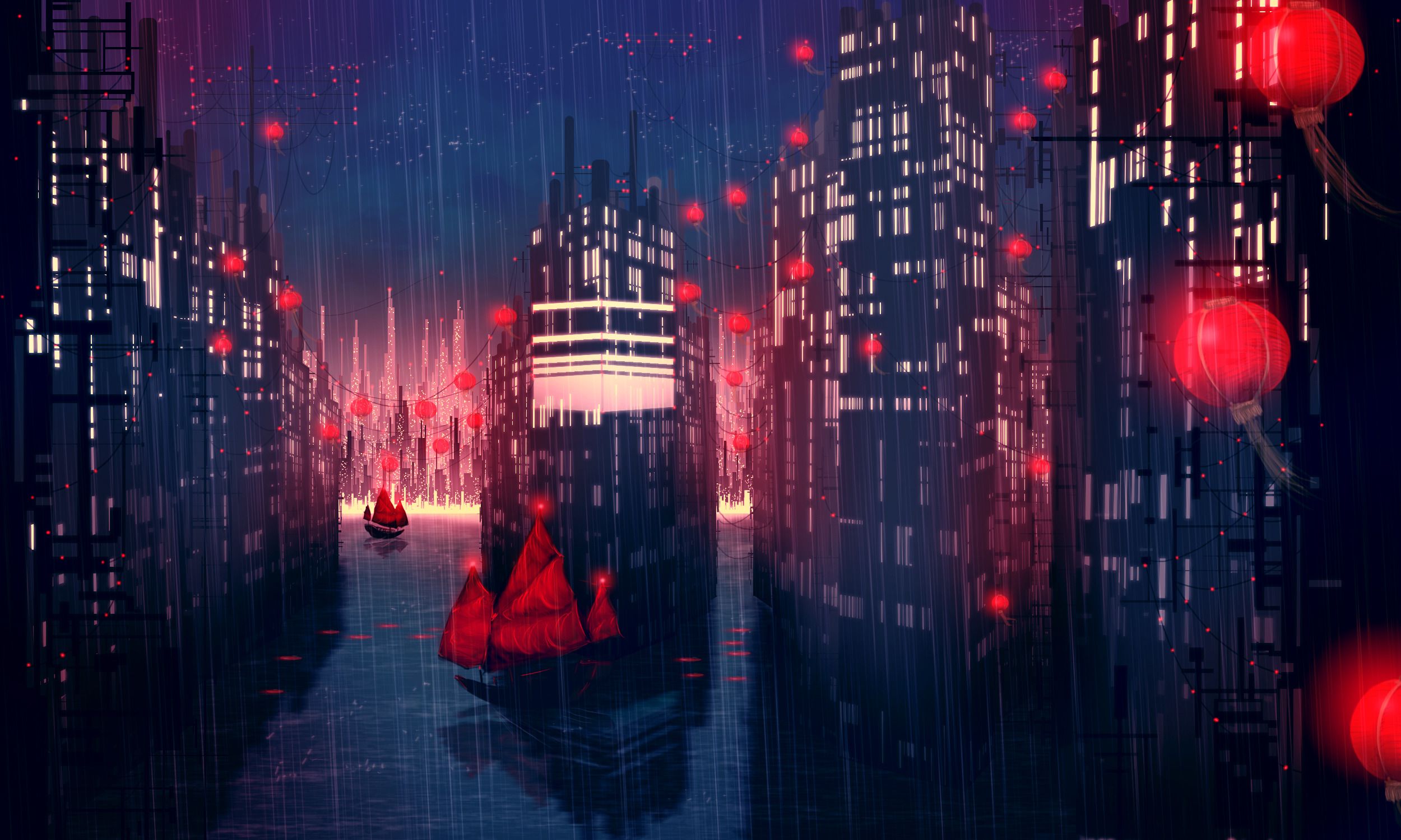 Anime Cityscape In Rain Wallpaperx1500