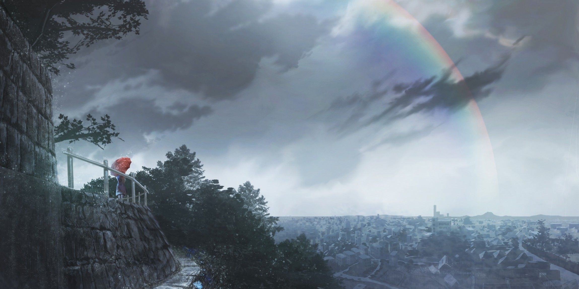 Download 2299x1150 Anime Landscape, Rainbow, Raining, Cityscape, Dark Clouds, Sky Wallpaper