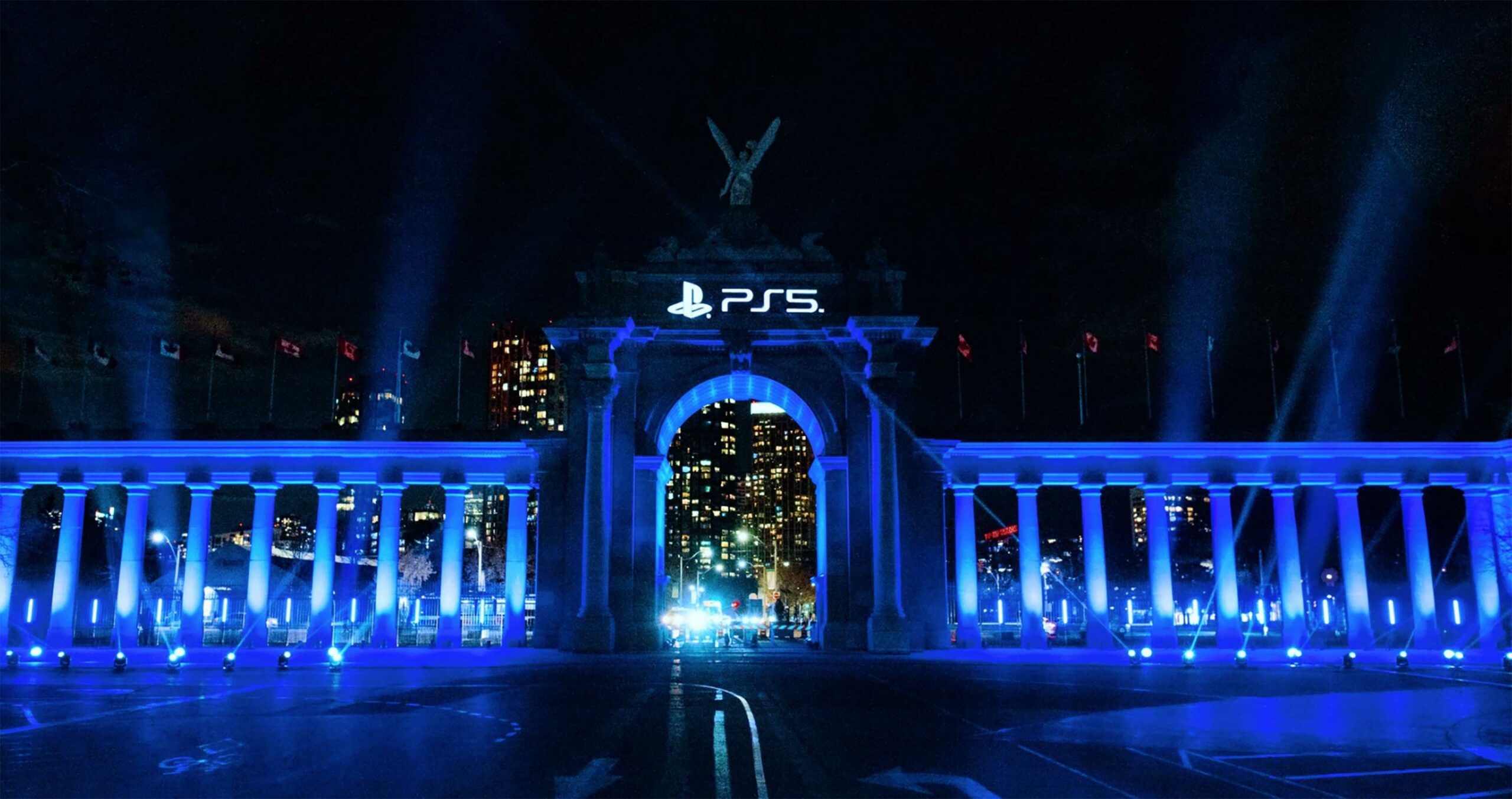 Princes' Gate in Toronto lit up last night in celebration of PS5 launch