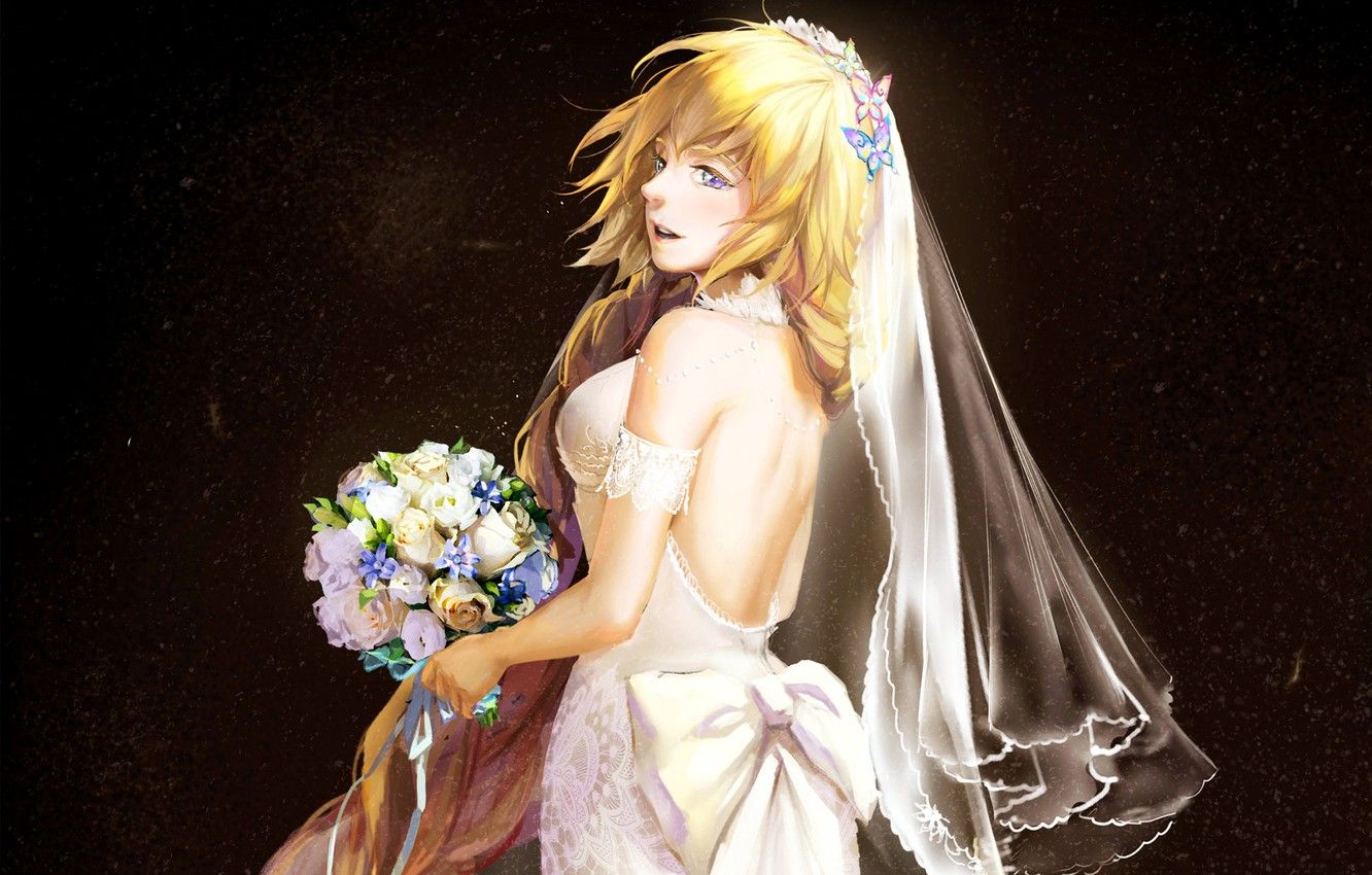 Wallpaper girl, flower, long hair, anime, butterfly, purple eyes, face, blonde, digital art, bouquet, artwork, bride, wedding dress, anime girl, bare shoulders, bare back image for desktop, section сёнэн