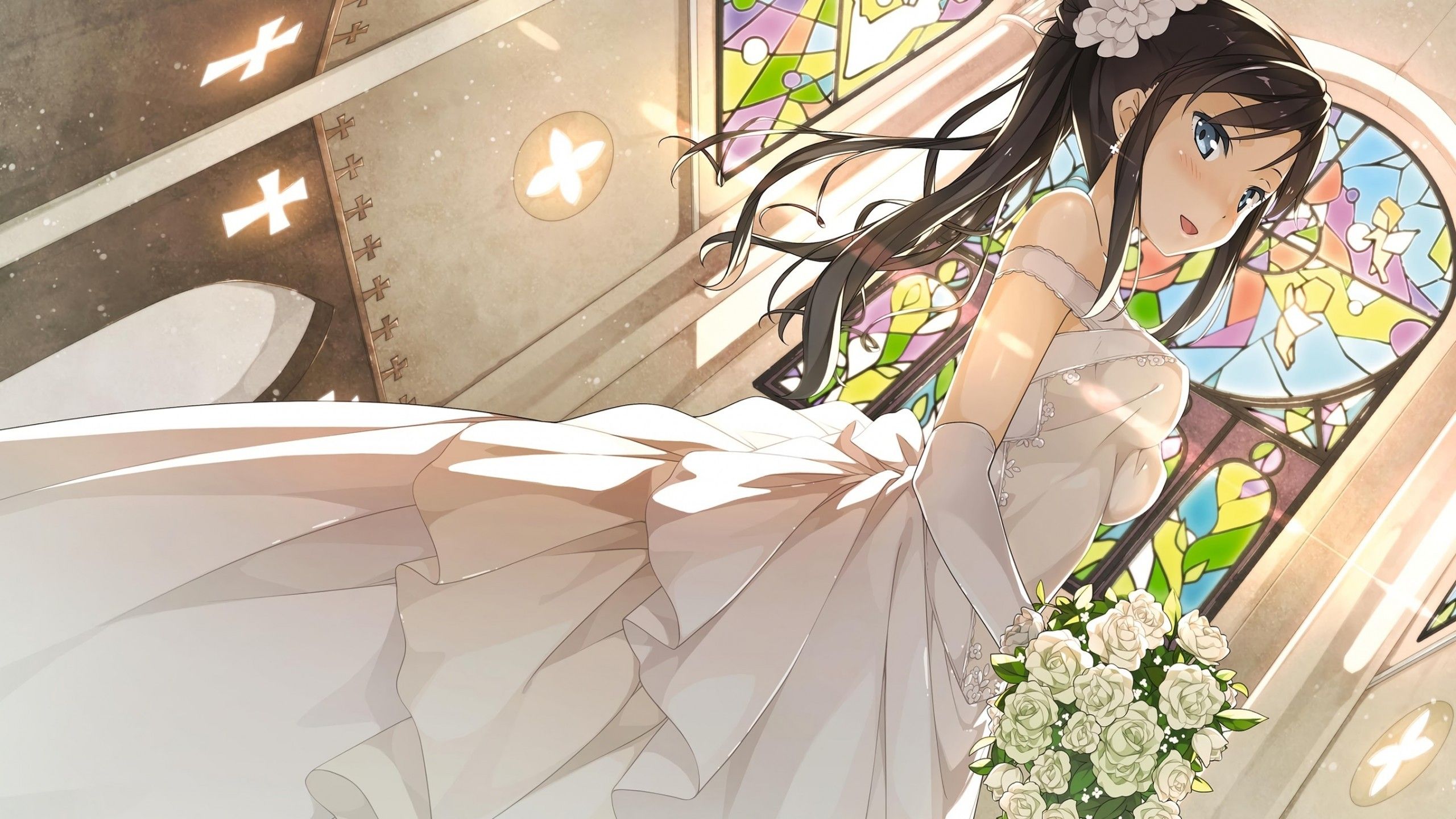 Download 2560x1440 Anime Bride, Wedding Dress, Flower Bouquet, Blue Eyes Wallpaper for iMac 27 inch