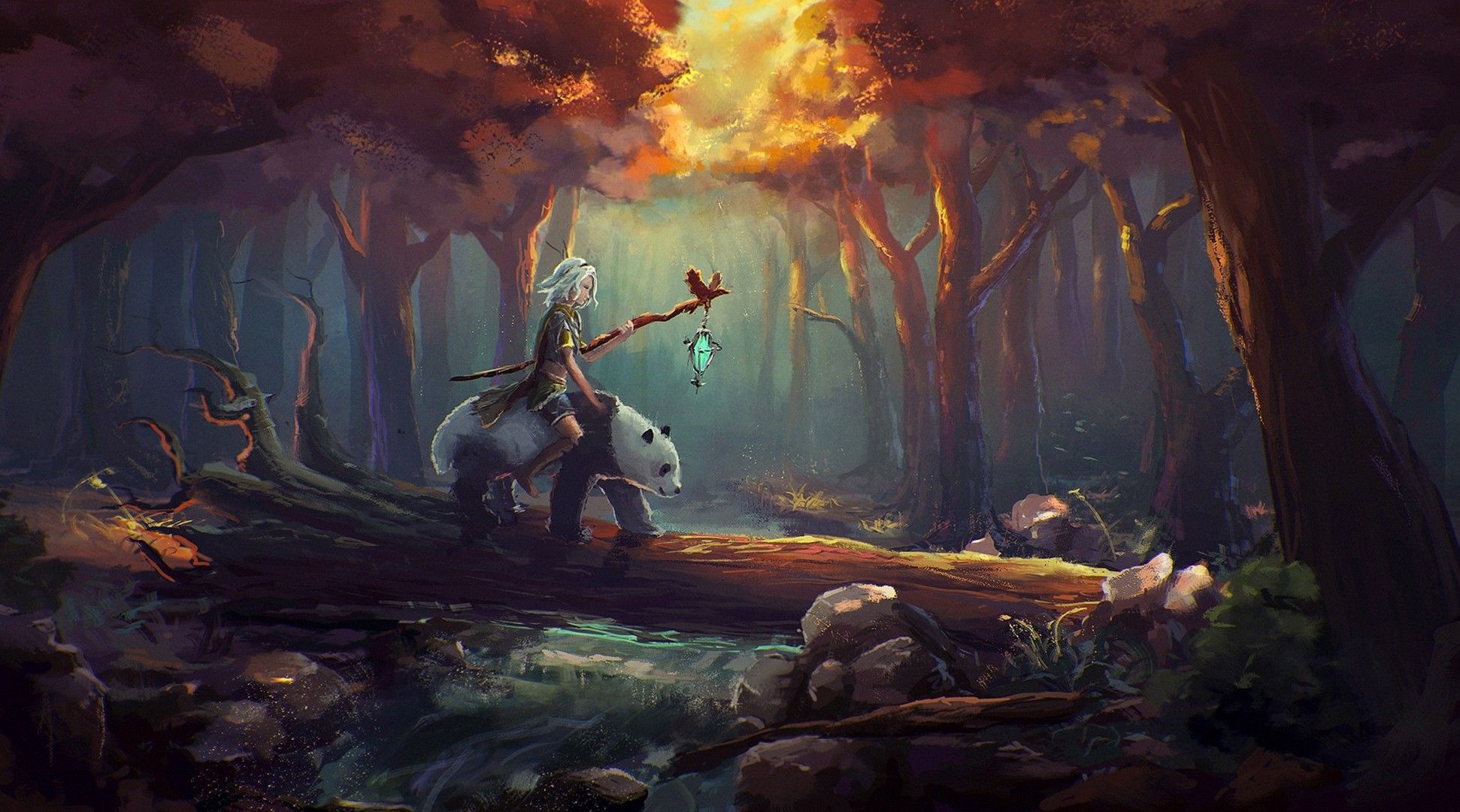 fantasy Art, Panda, White Hair, Forest, Painting Wallpaper HD / Desktop and Mobile Background