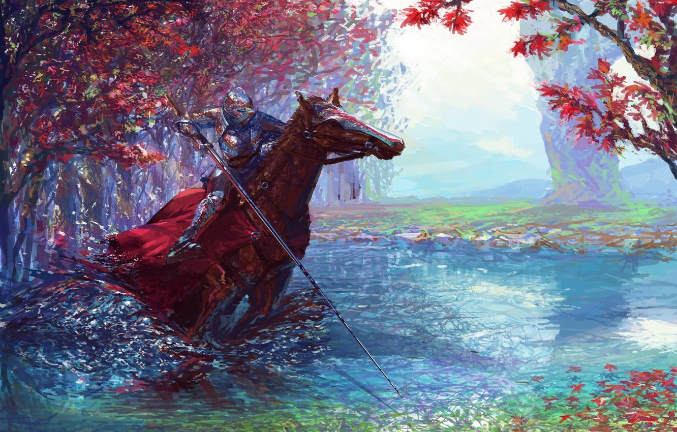 Wallpaper colorful, fantasy, forest, river, armor, trees, weapon, horse, digital art, artwork, warrior, fantasy art, Knight, pearls, spear, painting art image for desktop, section фантастика