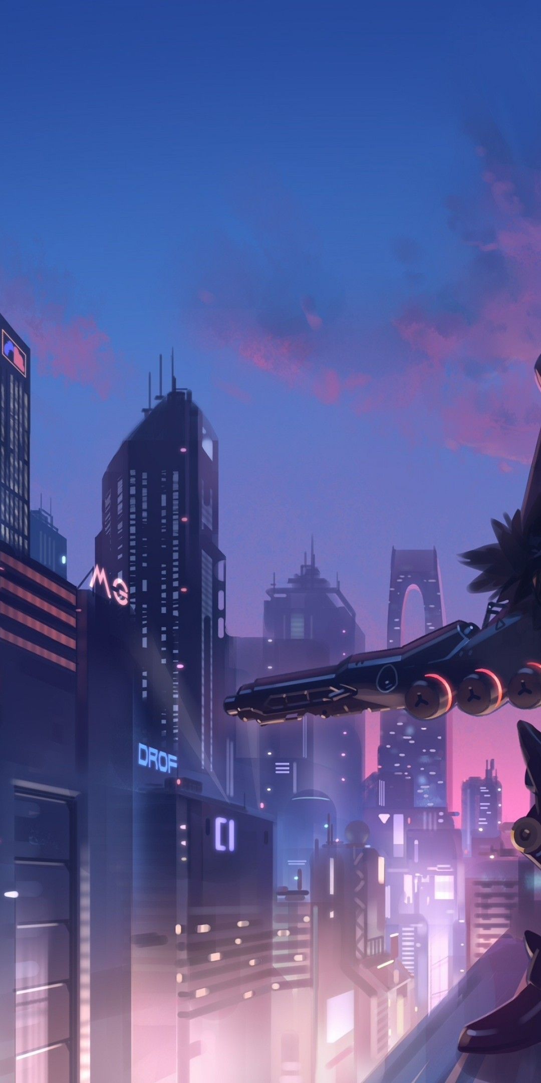 Download 1080x2160 Futuristic Anime City, Cyberpunk, Anime Girl, Skyscrapers Wallpaper for Huawei Mate 10