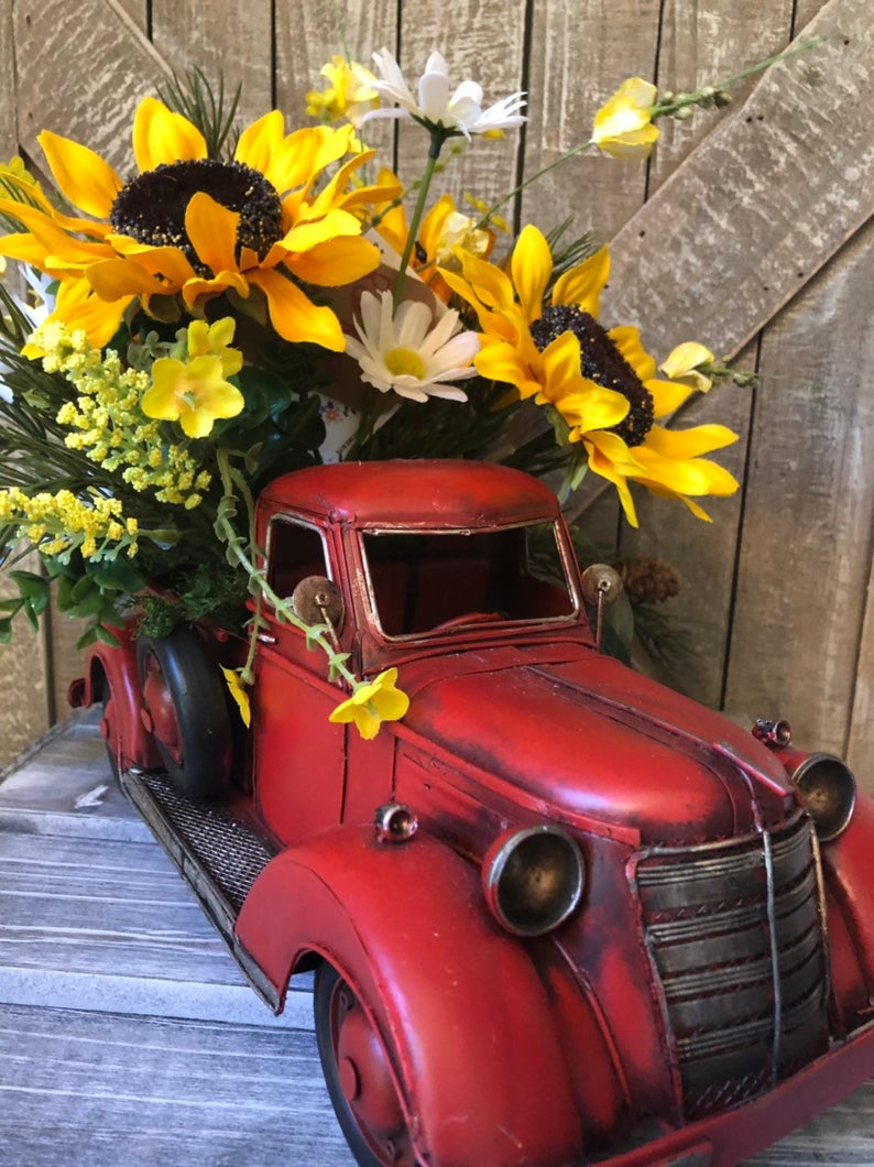Red Truck Floral Red Truck Decor Red Truck Sunflower. Etsy. Red truck decor, Red truck, Country decor rustic