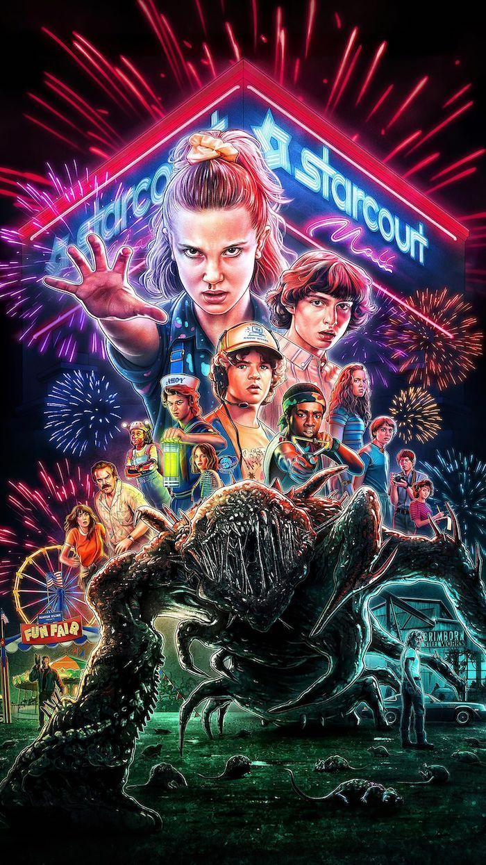 Aesthetic Stranger Things Wallpaper Neon Image Of All The Characters Starcourt Mall. Stranger Things Wallpaper, Stranger Things Netflix, Fondos De Peliculas