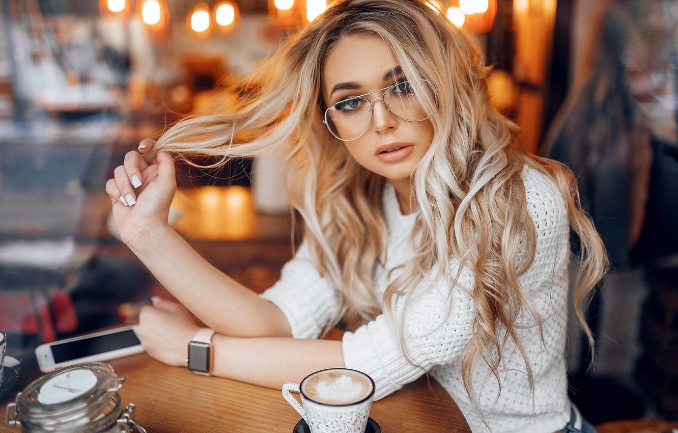 Wallpaper girl, long hair, photo, photographer, blue eyes, model, cup, bokeh, lips, face, blonde, glasses, table, sitting, portrait, mouth image for desktop, section девушки