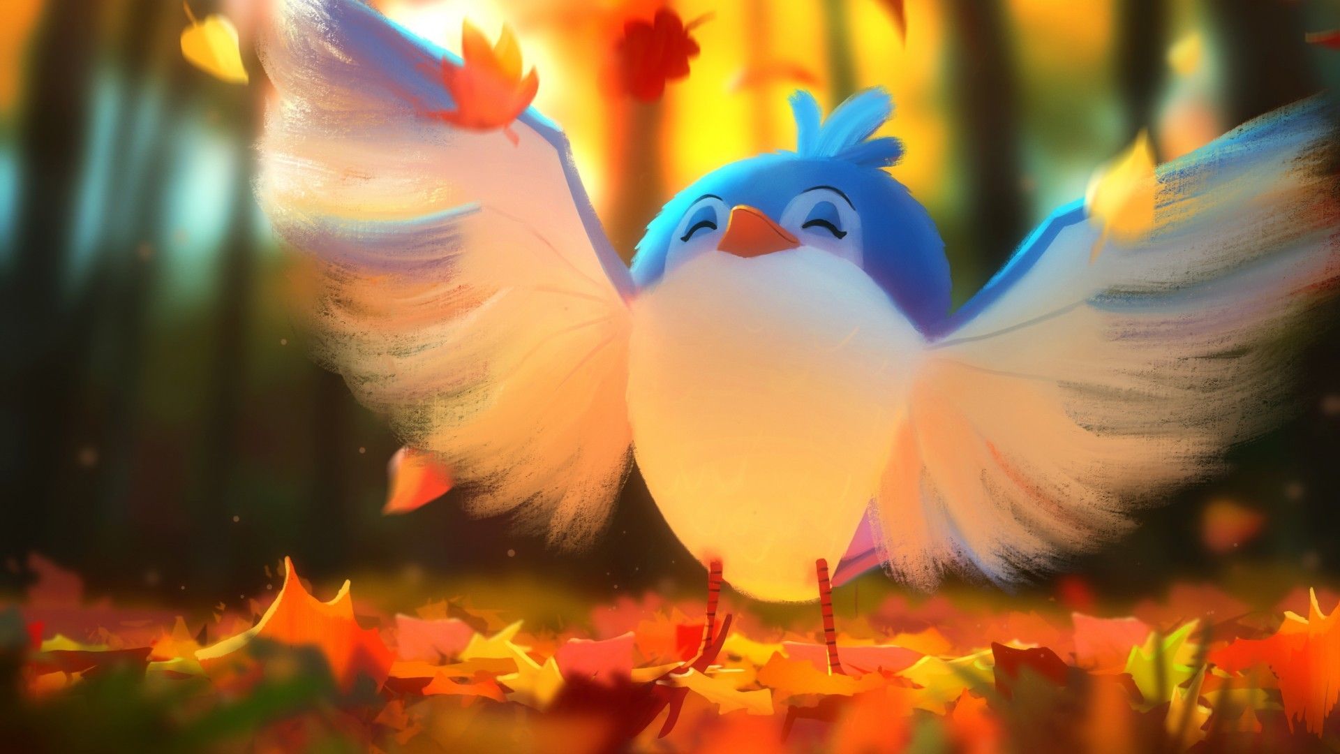 Download 1920x1080 Cute Bird, Digital Artwork, Wings, Autumn Wallpaper for Widescreen
