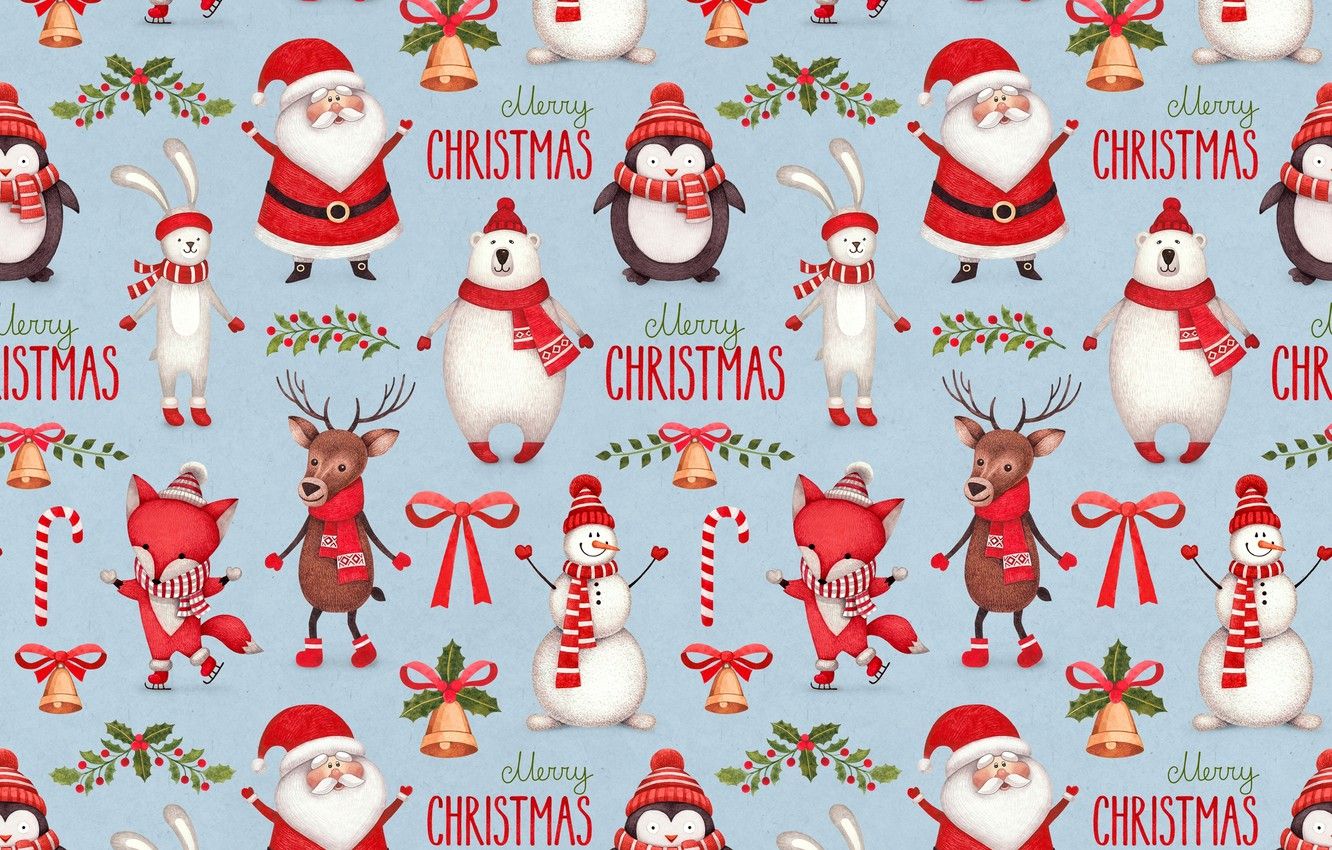 Wallpaper hare, deer, bear, Fox, penguin, snowman, Santa Claus, bell image for desktop, section новый год
