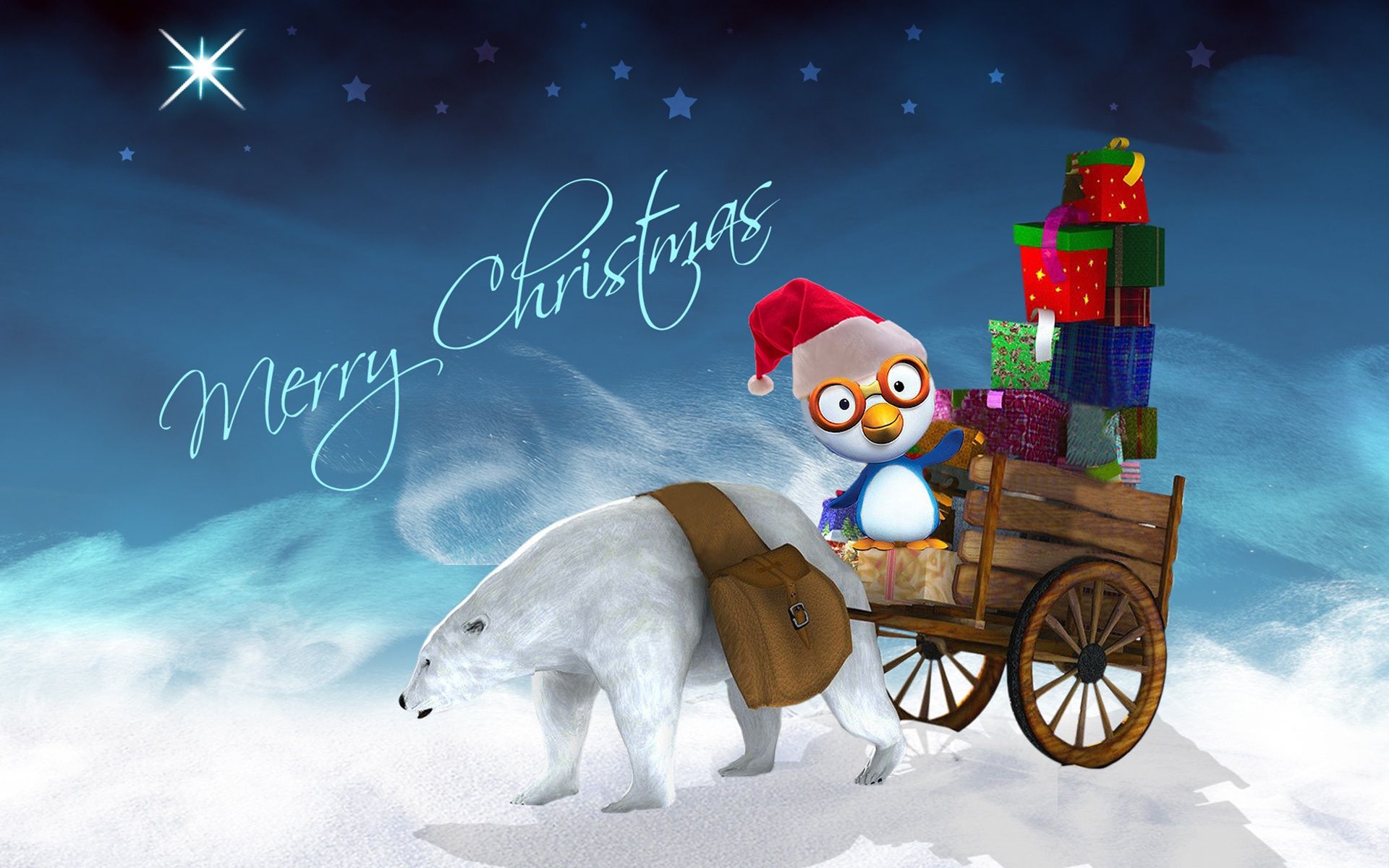 Happy Christmas Polar Bear Cart With Gifts Penguin Desktop HD Wallpaper 1920x1200, Wallpaper13.com