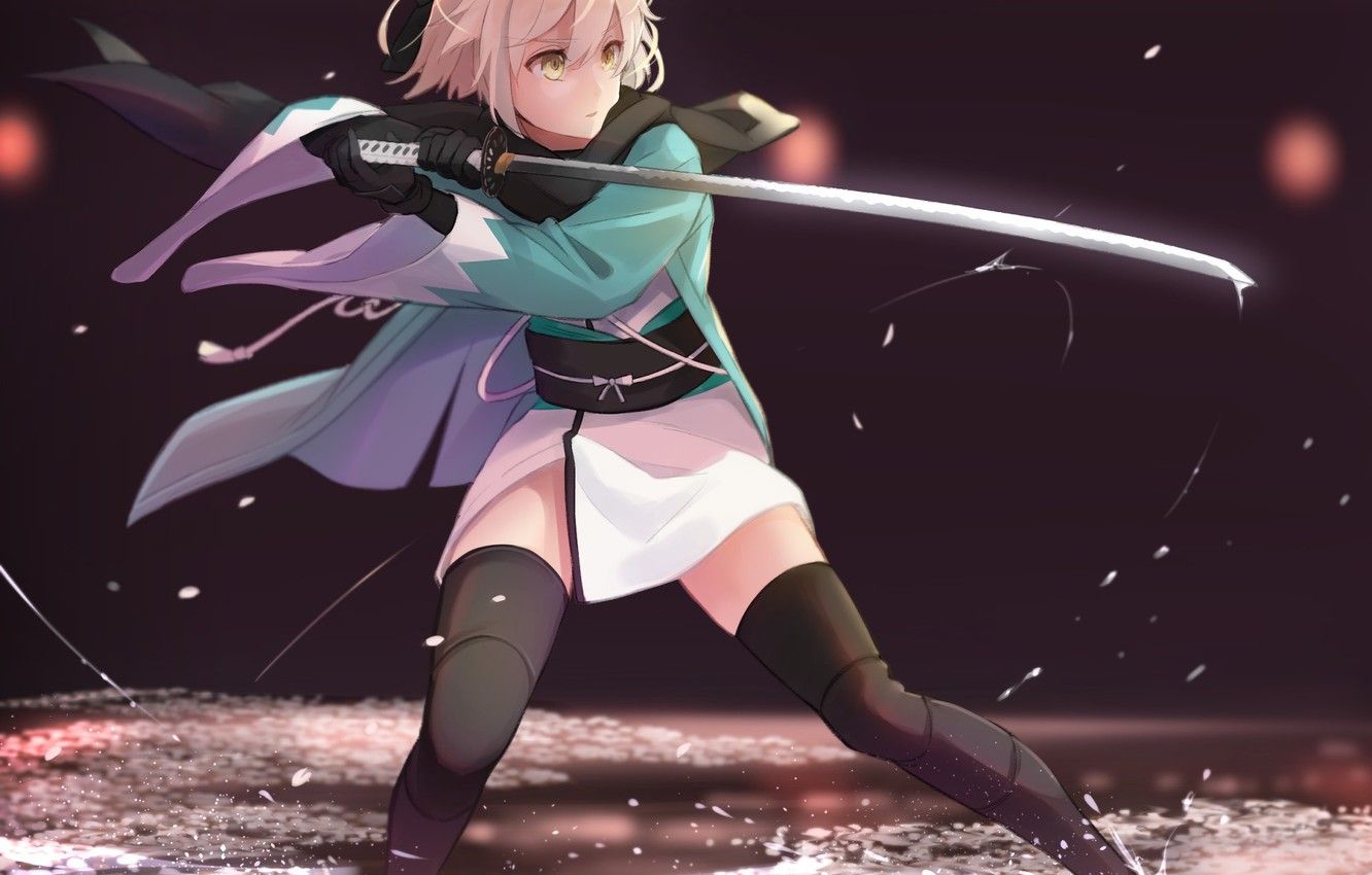 Wallpaper girl, sword, game, anime, katana, ken, blade, blonde, warrior, manga, japanese, kimono, bishojo, Fate Grand Order, kenjutsu image for desktop, section сэйнэн