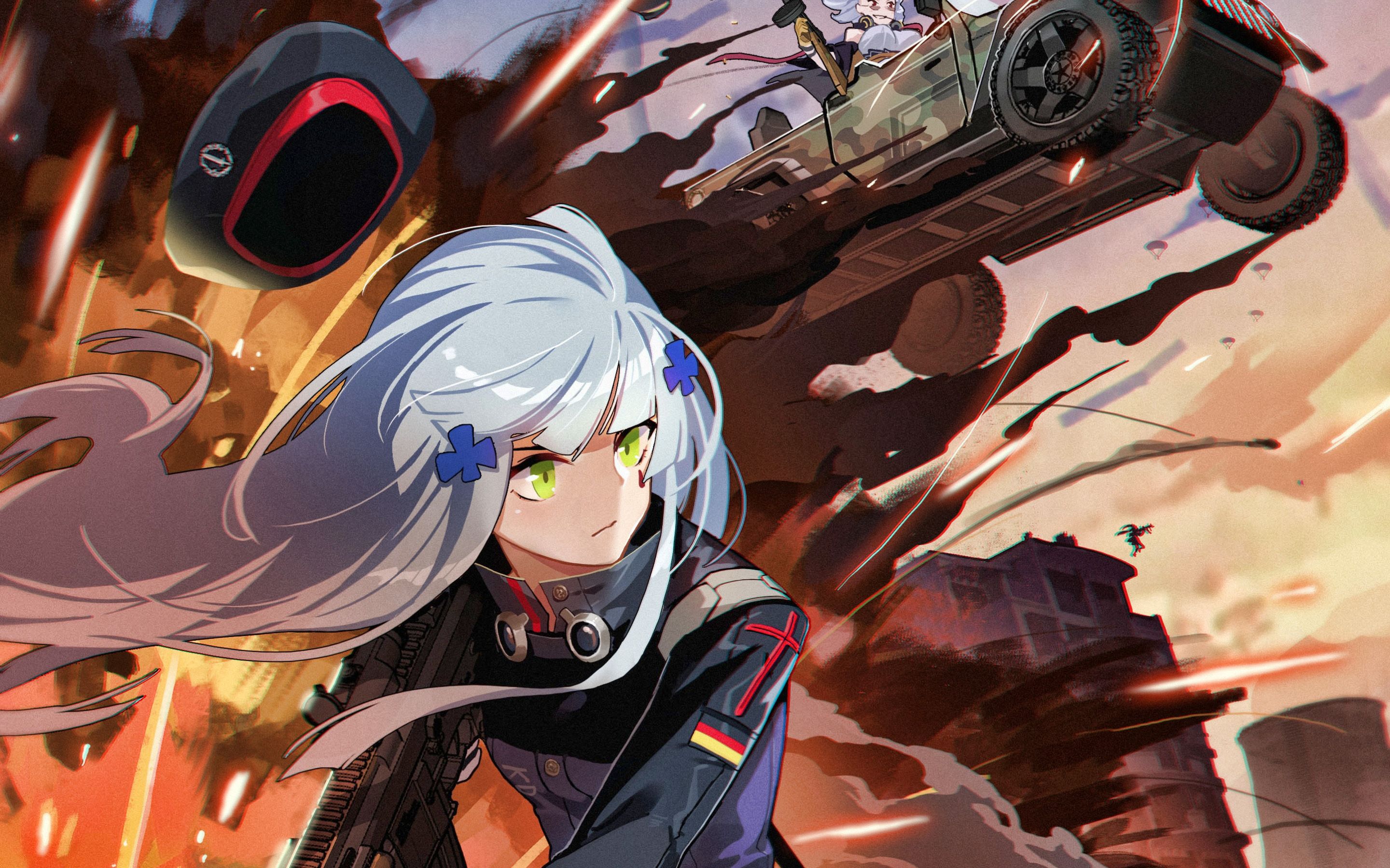 Download wallpaper HK416, battle, artwork, SRPG, girl with green eyes, manga, Girls Frontline for desktop with resolution 2880x1800. High Quality HD picture wallpaper