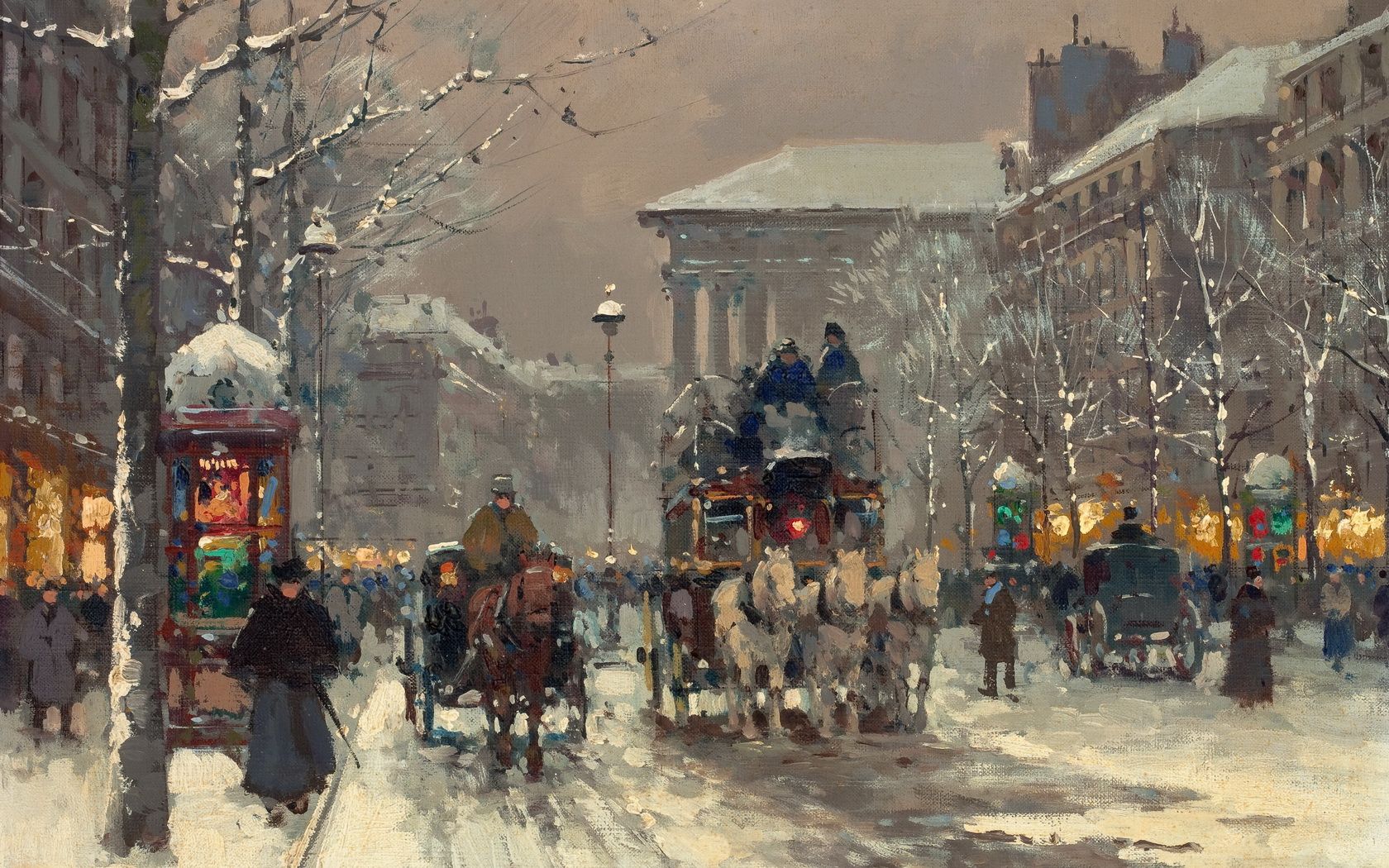 Painting City Winter People Street Carriages wallpaperx1050