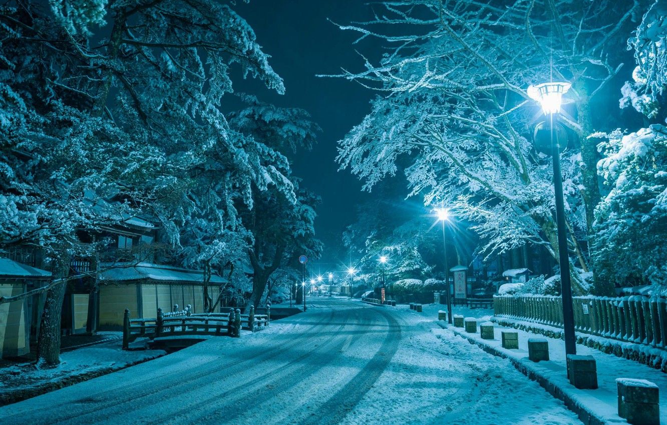 Wallpaper winter, road, snow, night, the city, house, street, lights image for desktop, section природа