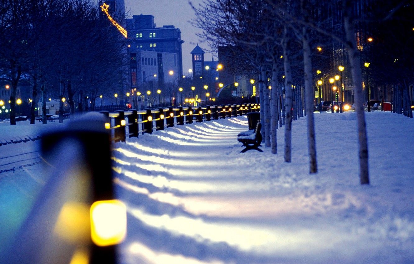 Wallpaper winter, snow, night, city, the city, lights, street, lights, benches, night, winter, snow, street, benches image for desktop, section город