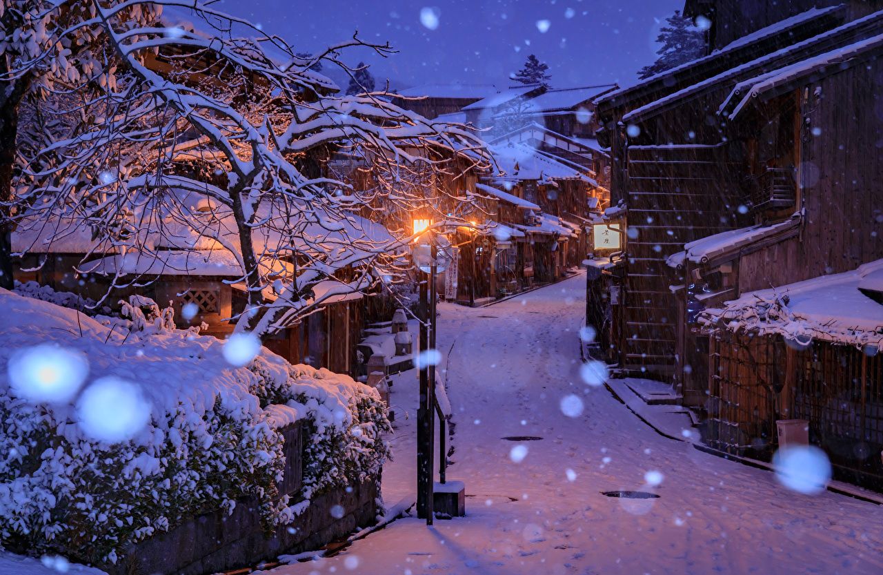 Picture Kyoto Japan Winter Snow Street Night Street lights Cities