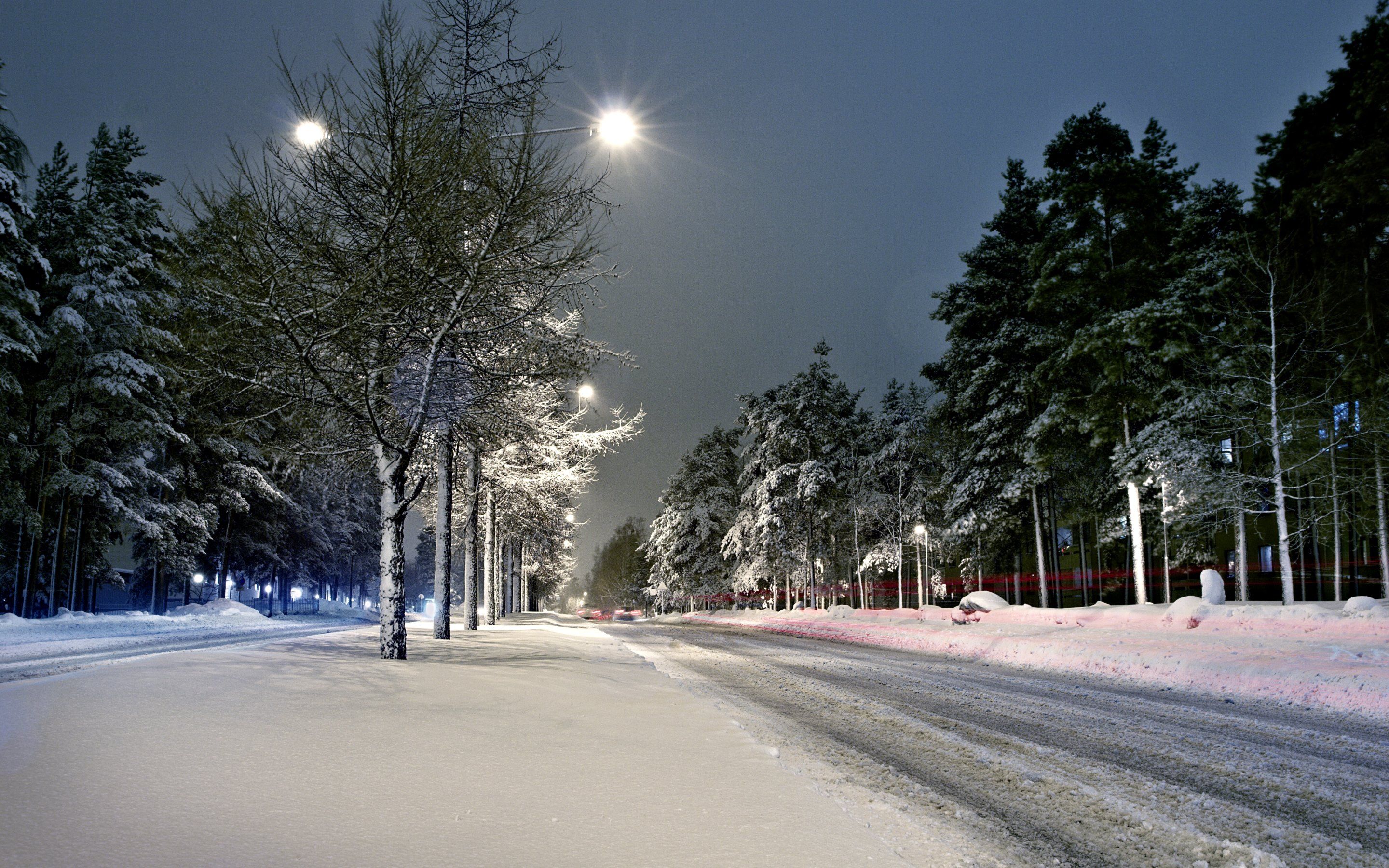 Street. Lights. Winter. Snow. Scenery HD Wallpaper. 4K Background