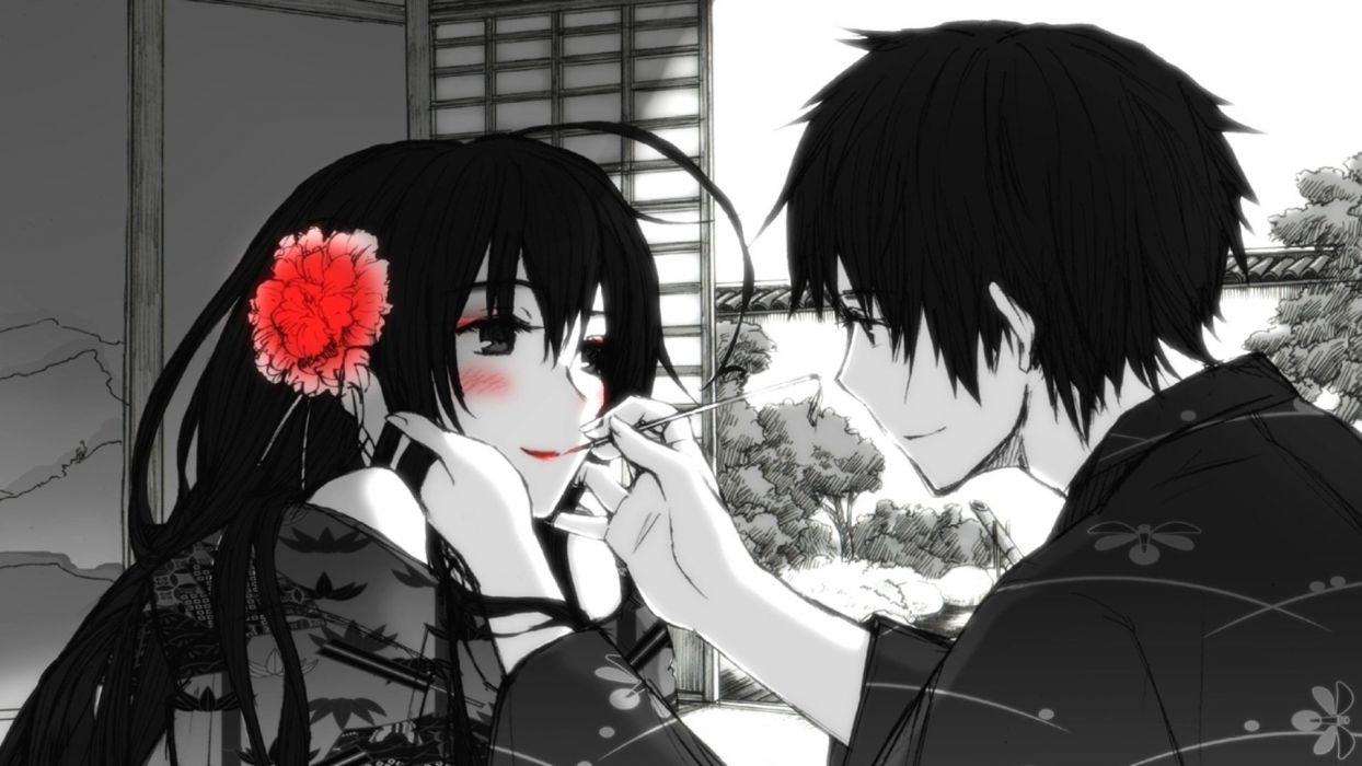People love amor boy girl chico chica anime Rosa red roja black white long hair short wallpaperx1080