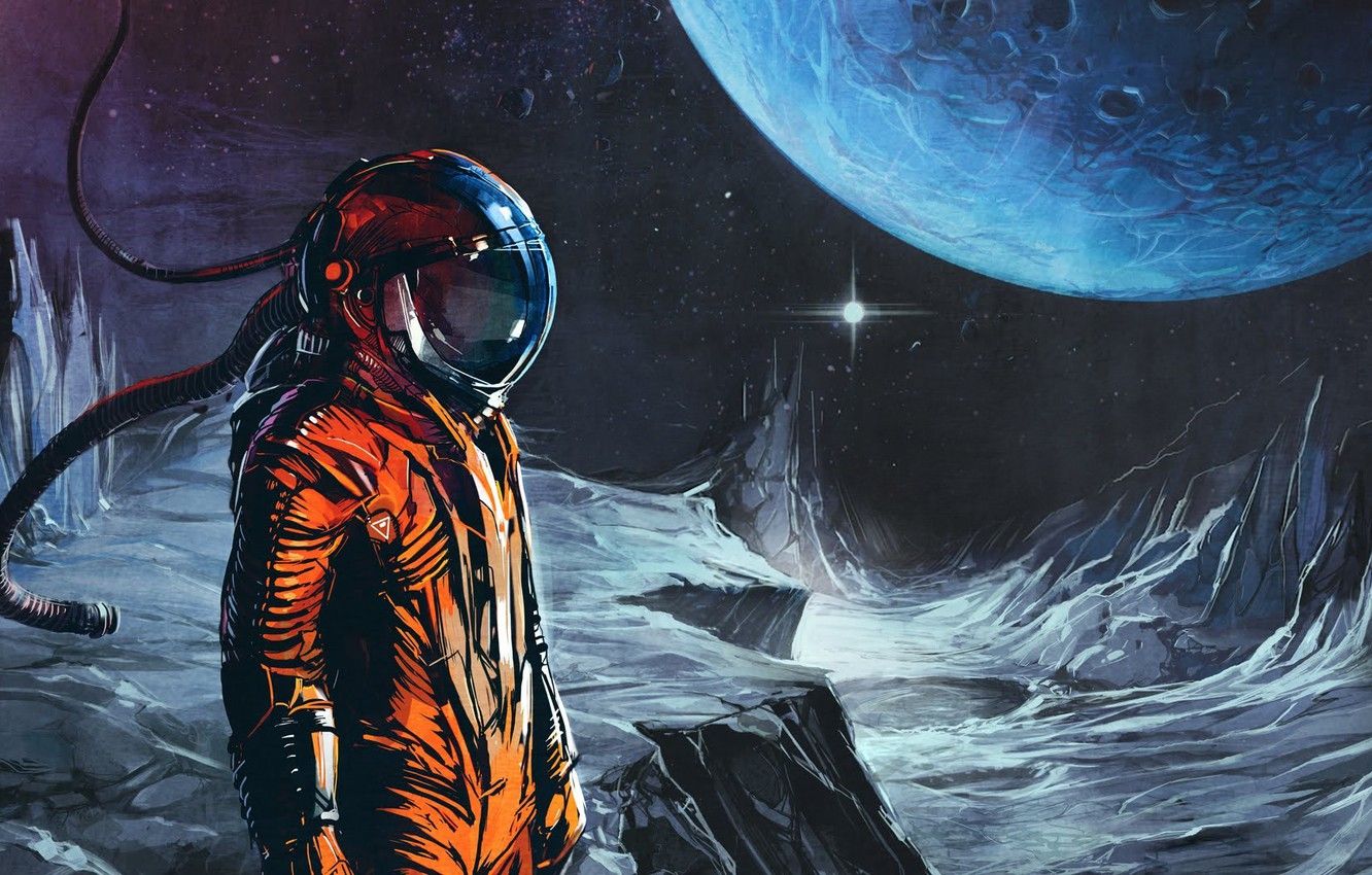 Wallpaper orange, music, the moon, planet, astronaut, music, the suit, space, Art, Celldweller, Transmissions vol - for desktop, section фантастика