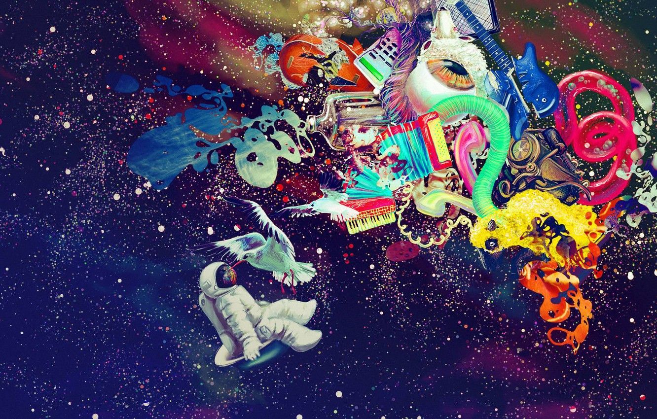 Wallpaper music, colorful, space, blood, bird, texture, Graffiti, Guitar, stars, amazing, eye, paint, Astronaut, handmade, Imagination image for desktop, section текстуры