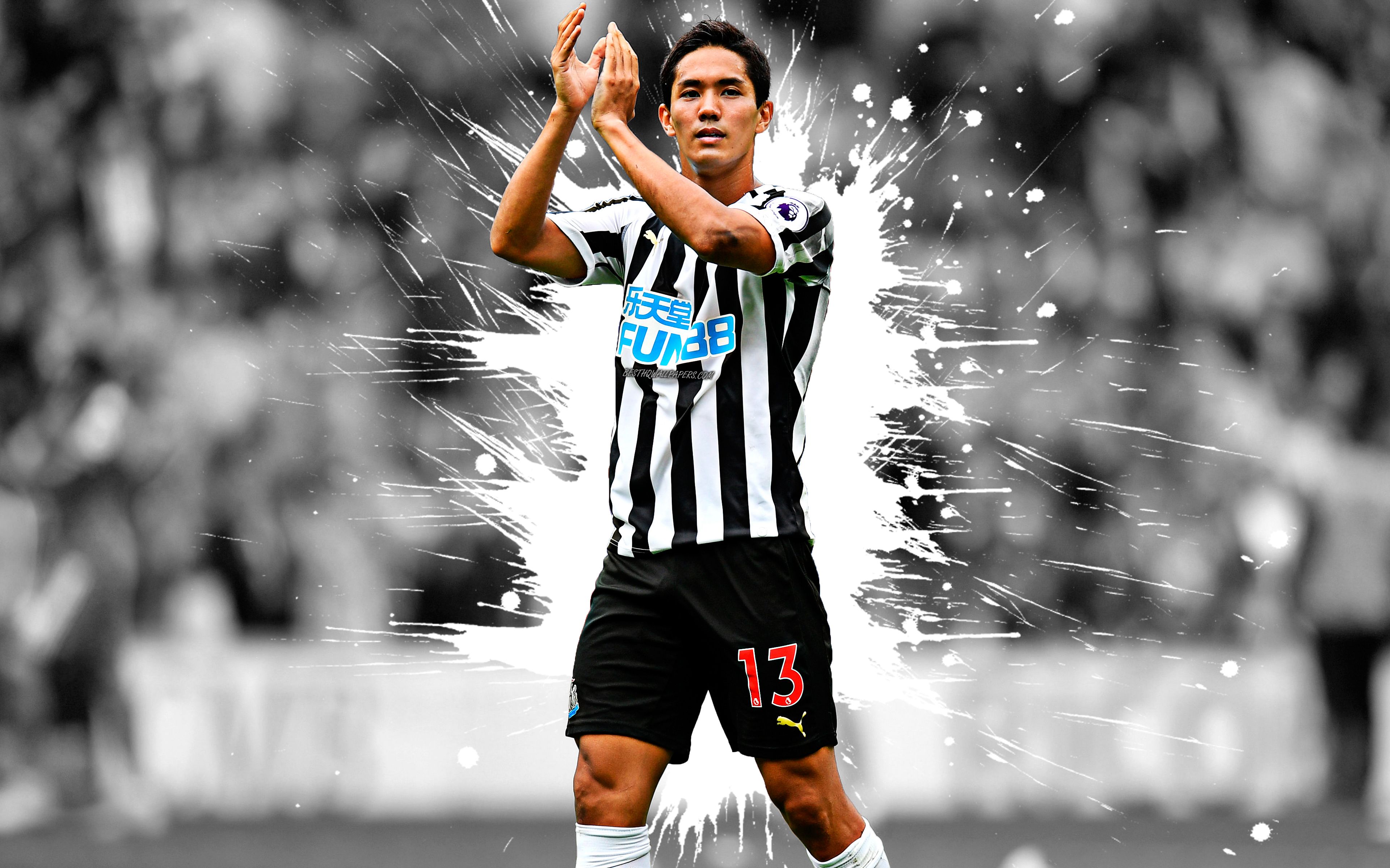 Download wallpaper Yoshinori Muto, 4k, art, Newcastle United FC, Japanese football player, splashes of paint, grunge art, creative art, Premier League, England, football for desktop with resolution 3840x2400. High Quality HD picture
