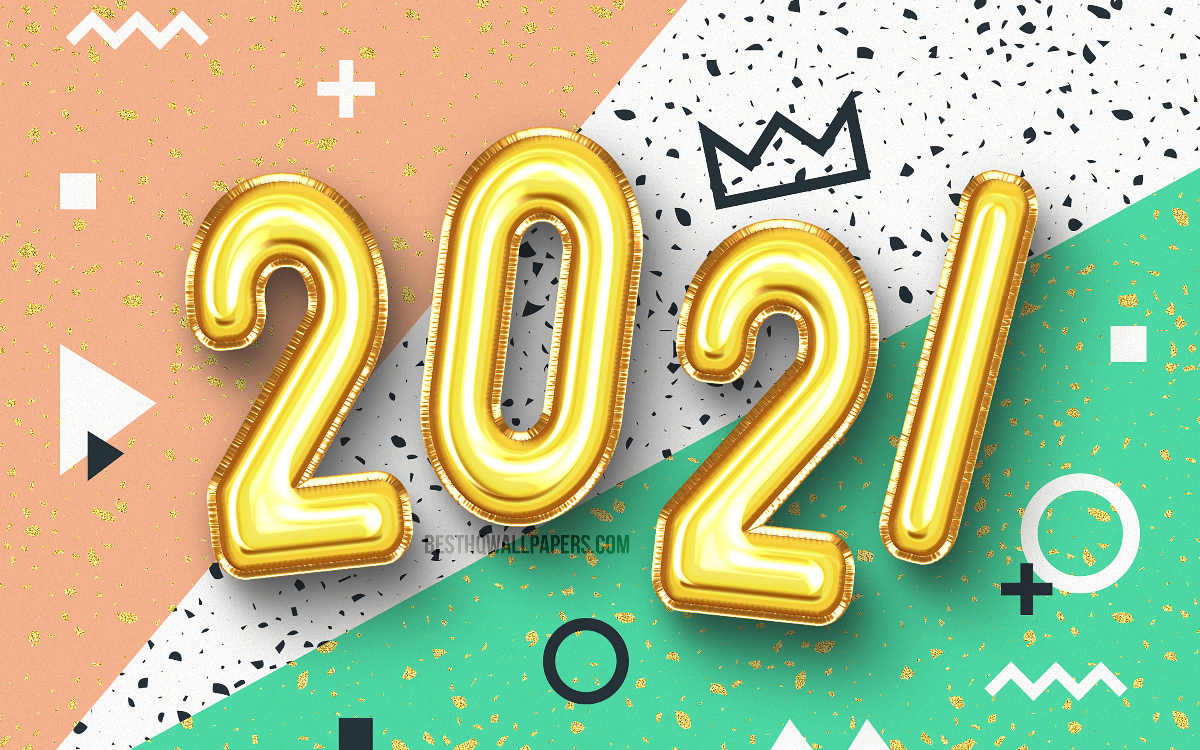 Download wallpapers 4k, Happy New Year 2021, golden balloons digits, 2021 concepts, 2021 year digits, 2021 new year, 2021 on colorful background, 2021 New Year for desktop with resolution 3840x2400. High Quality HD pictures wallpapers