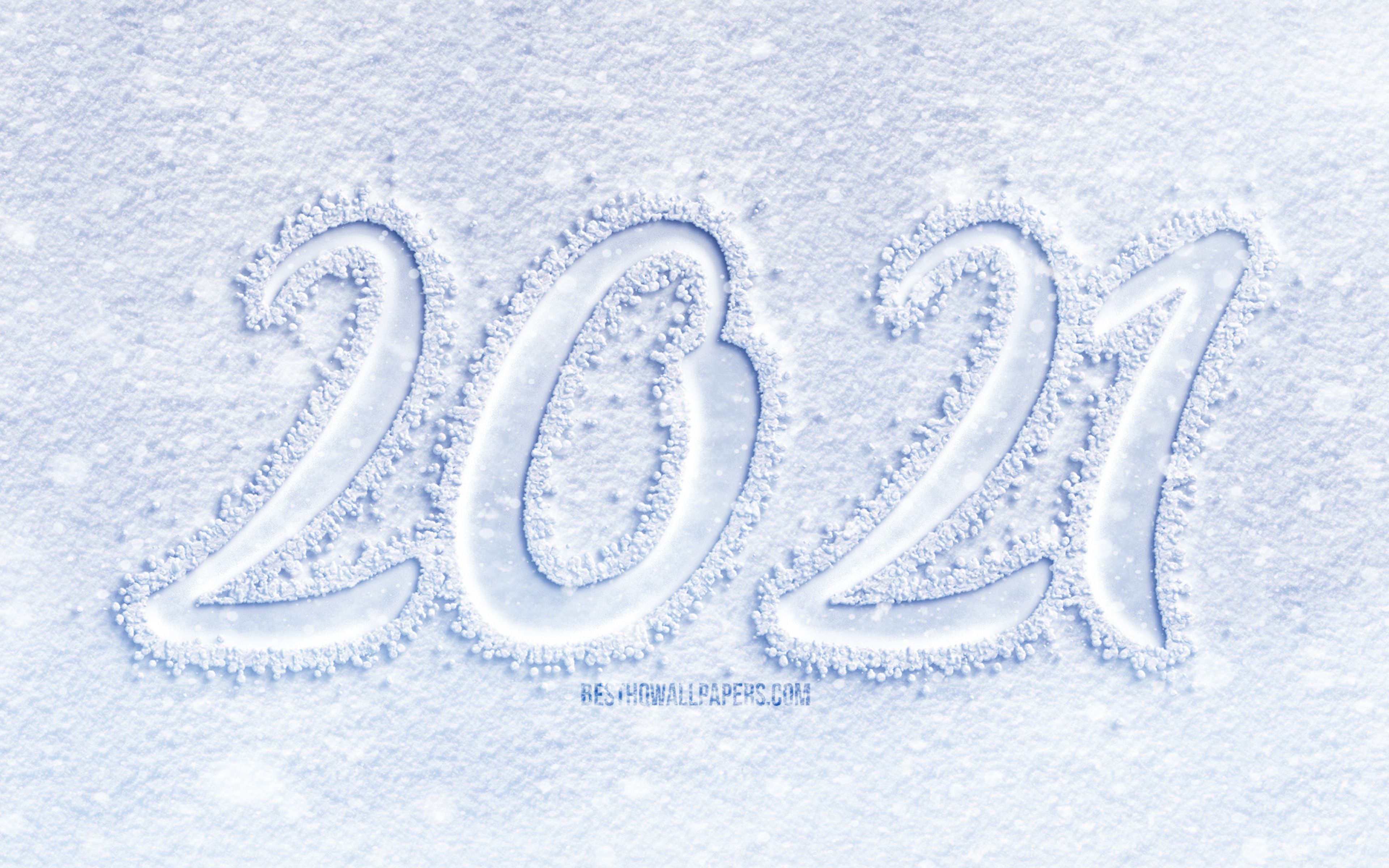 Download wallpapers 4k, Happy New Year 2021, white snow background, 2021 snow digits, 2021 concepts, 2021 on snow background, 2021 year digits, 2021 white digits, 2021 New Year for desktop with resolution 3840x2400. High Quality HD pictures wallpapers