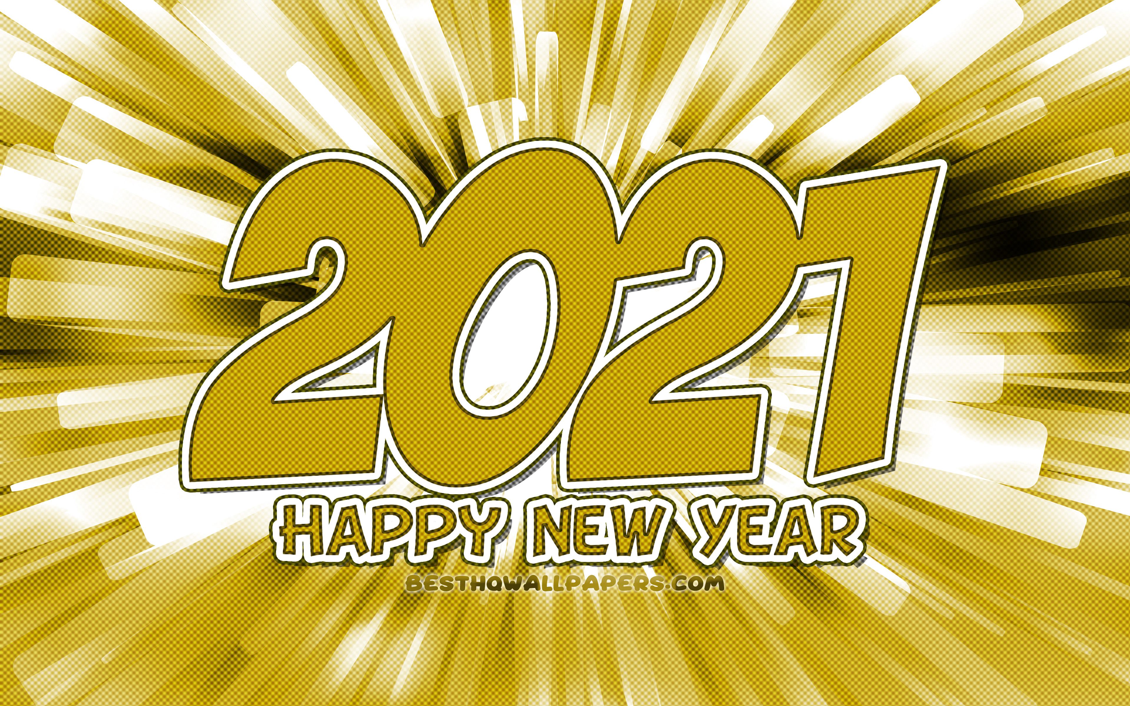 Download wallpapers Happy New Year 2021, 4k, yellow abstract rays, 2021 new year, 2021 yellow digits, 2021 concepts, 2021 on yellow background, 2021 year digits for desktop with resolution 3840x2400. High Quality HD pictures wallpapers