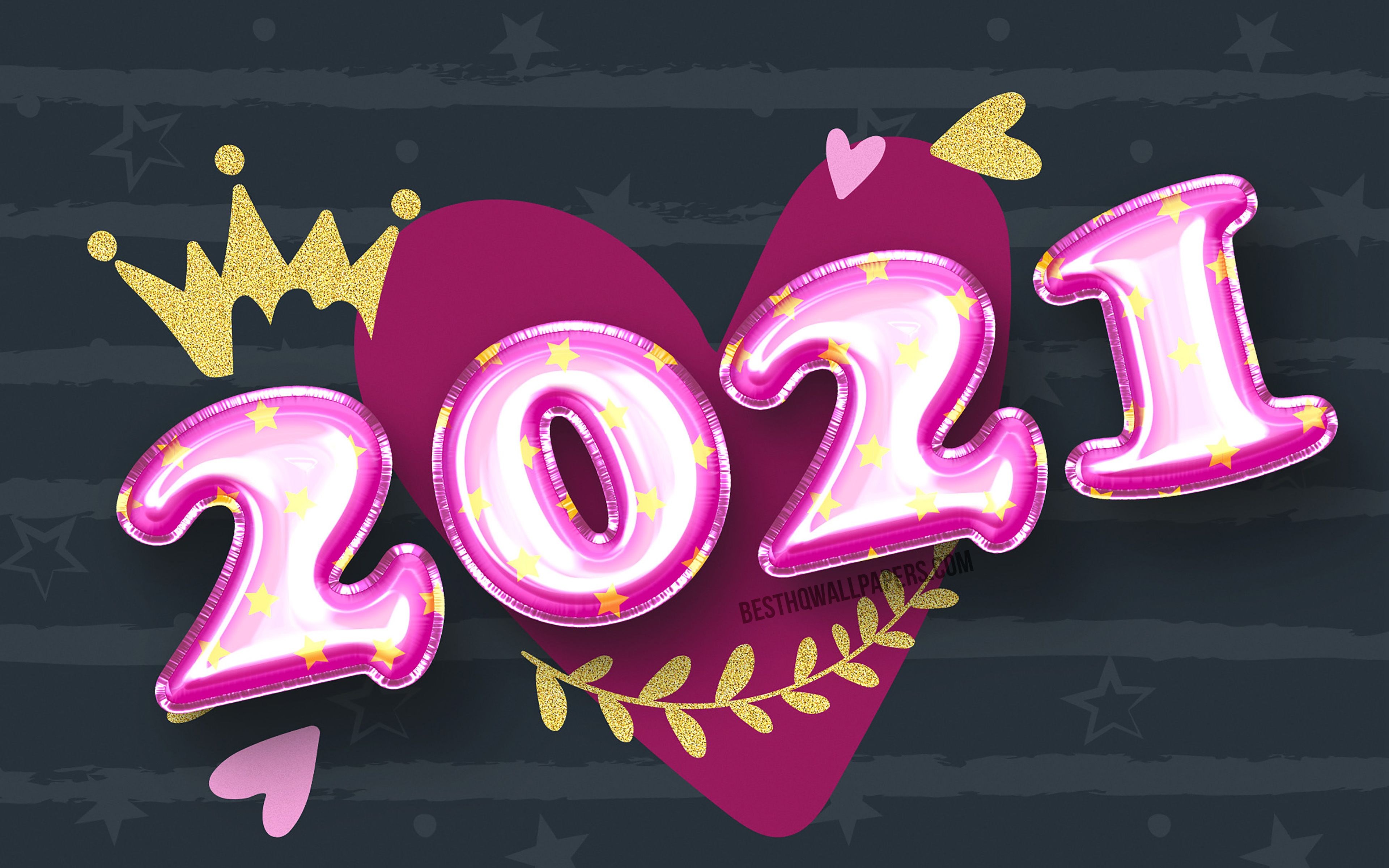 Download wallpapers 4k, Happy New Year 2021, purple balloons digits, 2021 concepts, 2021 year digits, 2021 new year, 2021 on gray background, 2021 with heart for desktop with resolution 3840x2400. High Quality HD pictures wallpapers
