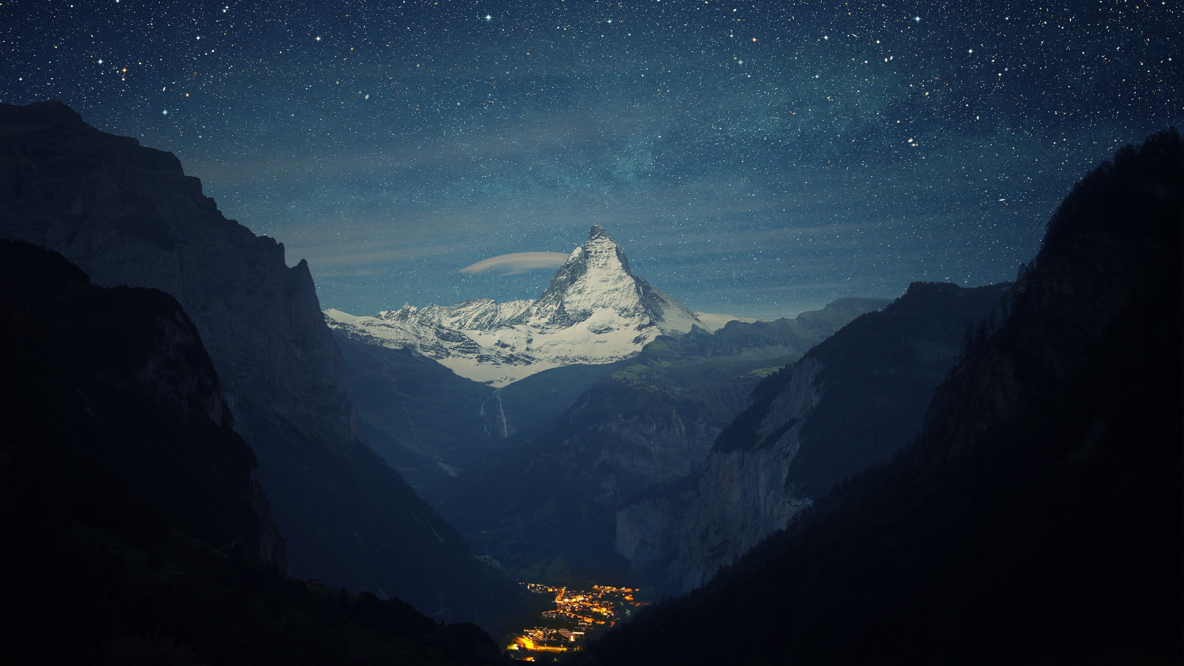 black mountain #snow #winter #lights #night #stars #landscape #mountains #town #space #Matterhorn #sky #valley. Switzerland alps, Matterhorn mountain, Matterhorn