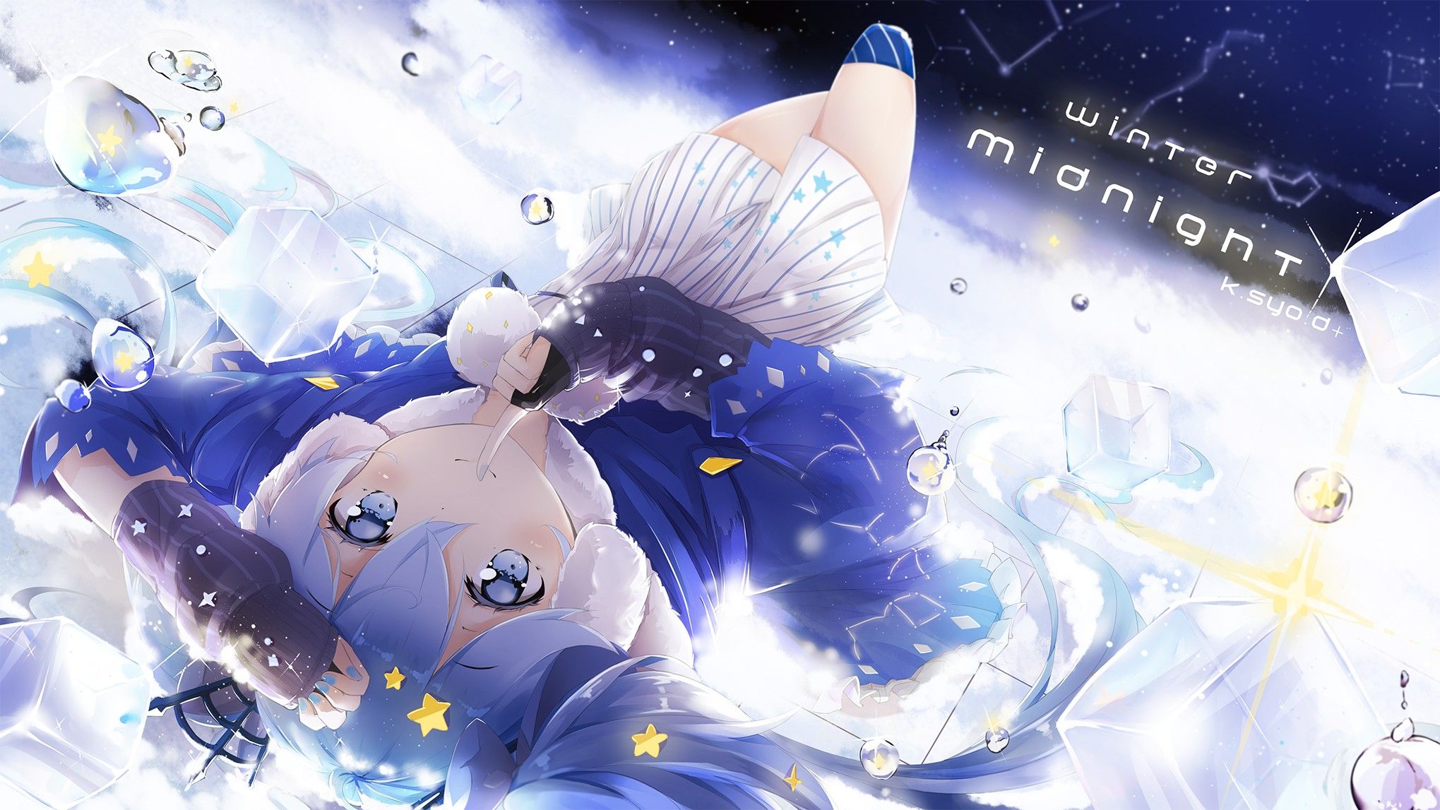 anime girls vocaloid hatsune miku twintails blue eyes blue hair bubbles long hair snow winter HD wallpaper, Background