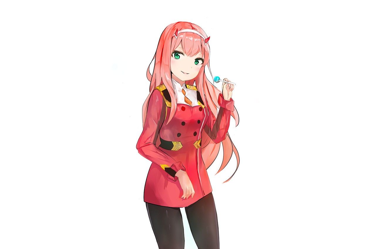 Wallpaper girl, white background, candy, Darling In The Frankxx, Cute in France, Zero Two image for desktop, section сёнэн