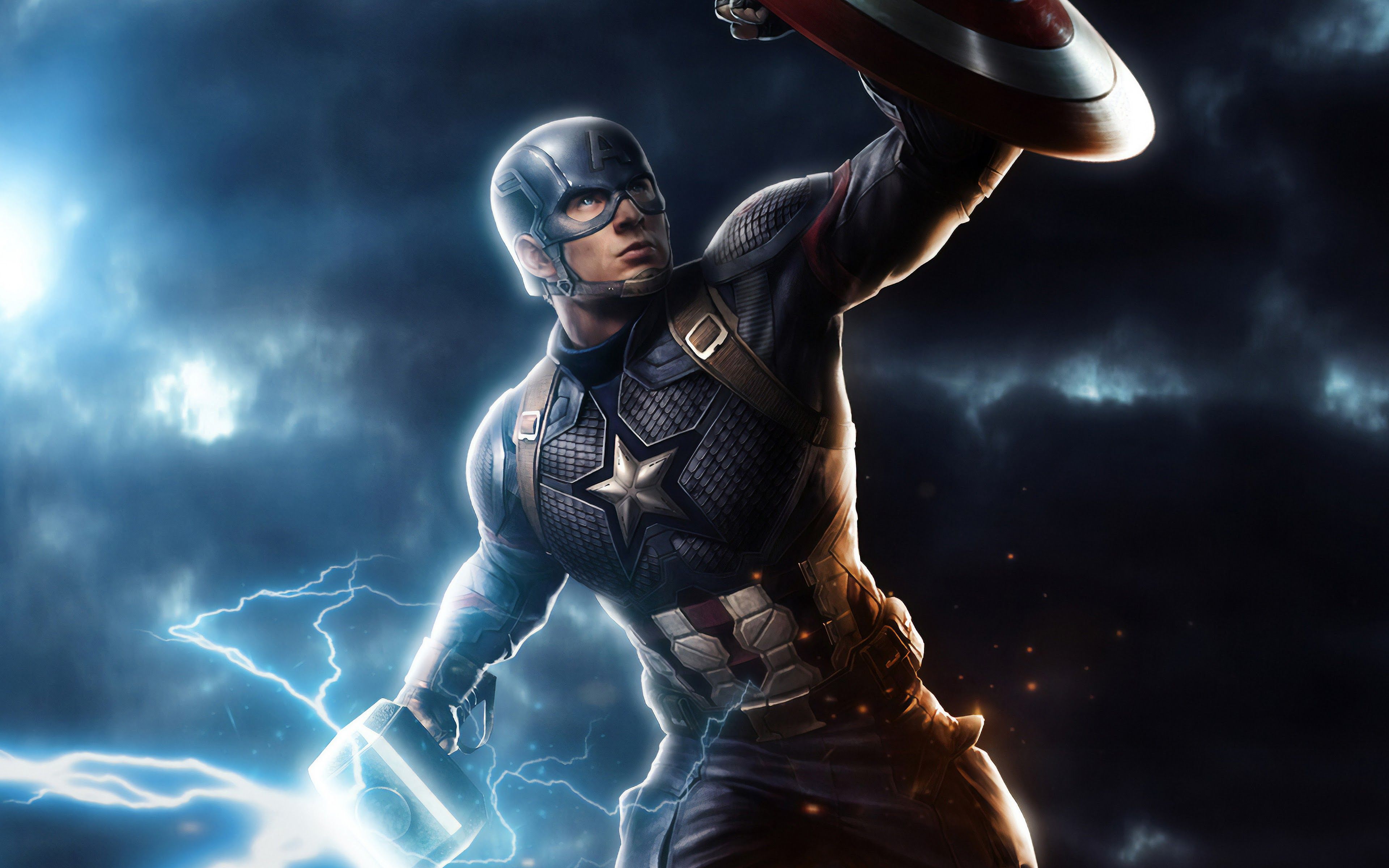 Avengers: Endgame Captain America Mjolnir Hammer Lightning 8K Wallpaper