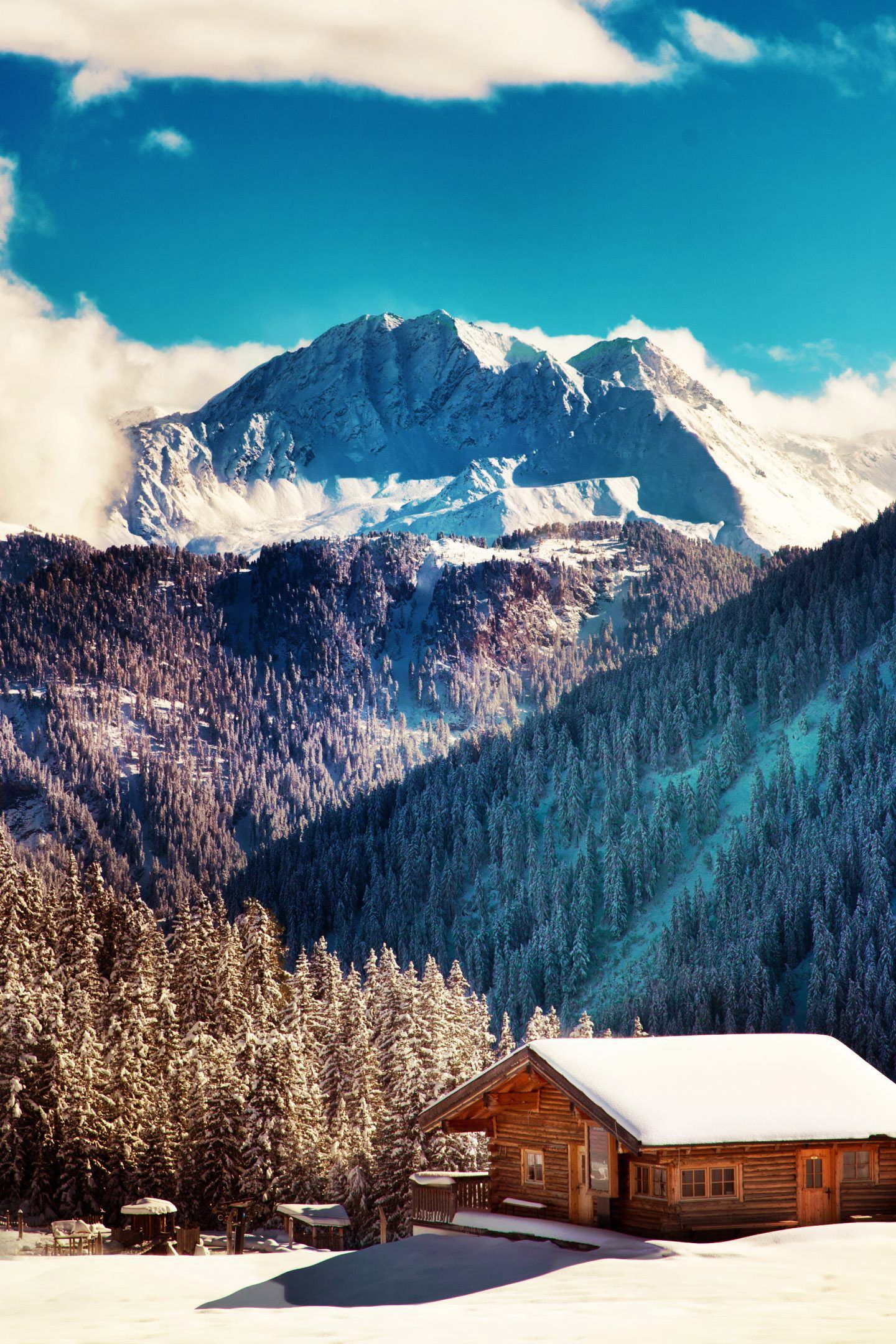 Mountains Winter Landscape House 4K Wallpaper